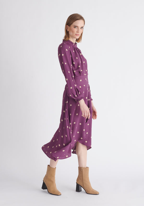 Paisie Asymmetric Polka Dot Skirt in Purple and Cream Side