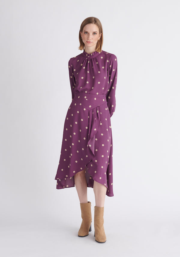 Paisie Asymmetric Polka Dot Skirt in Purple and Cream