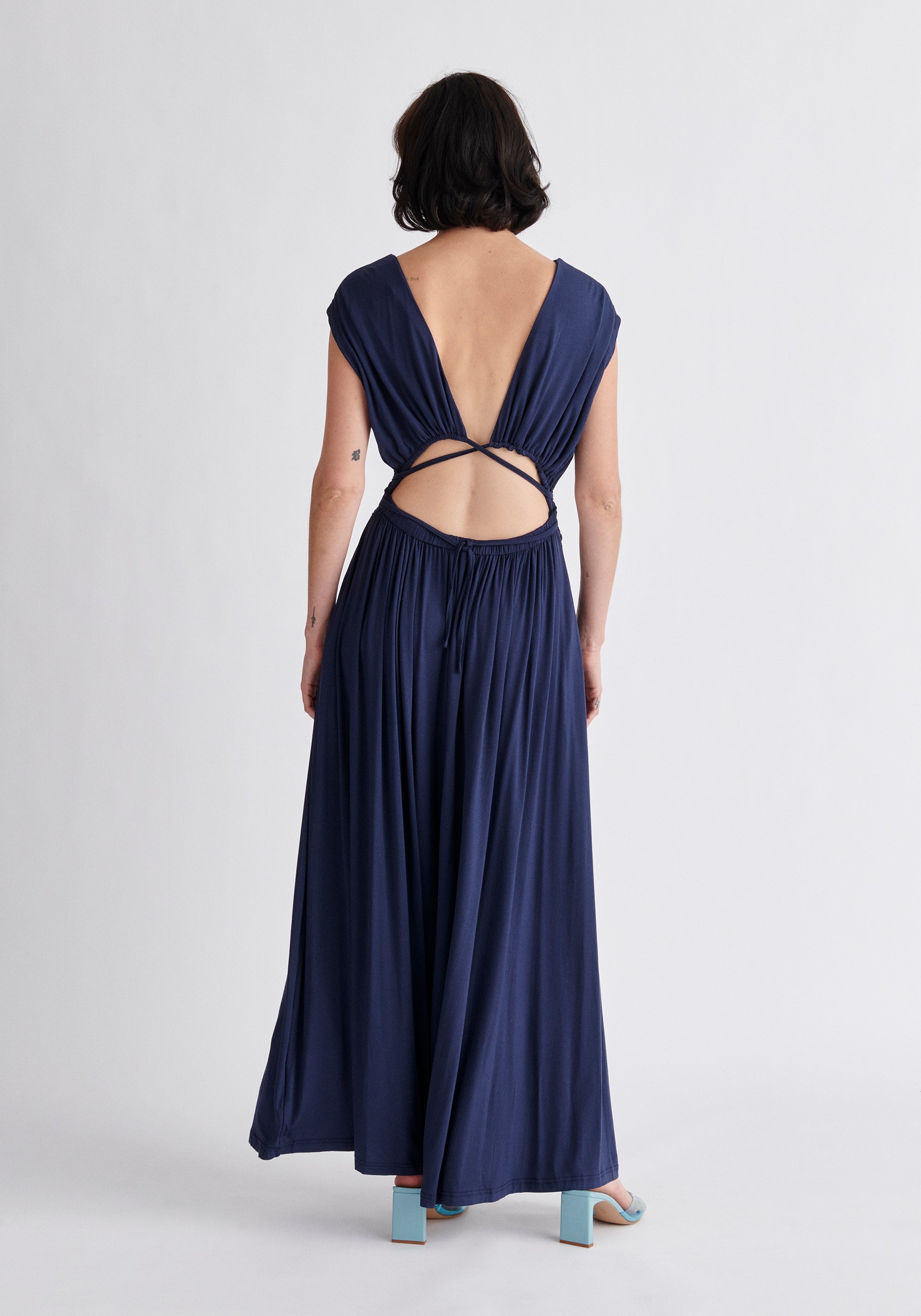 Paisie Tie-Back Jersey Dress in Navy Back