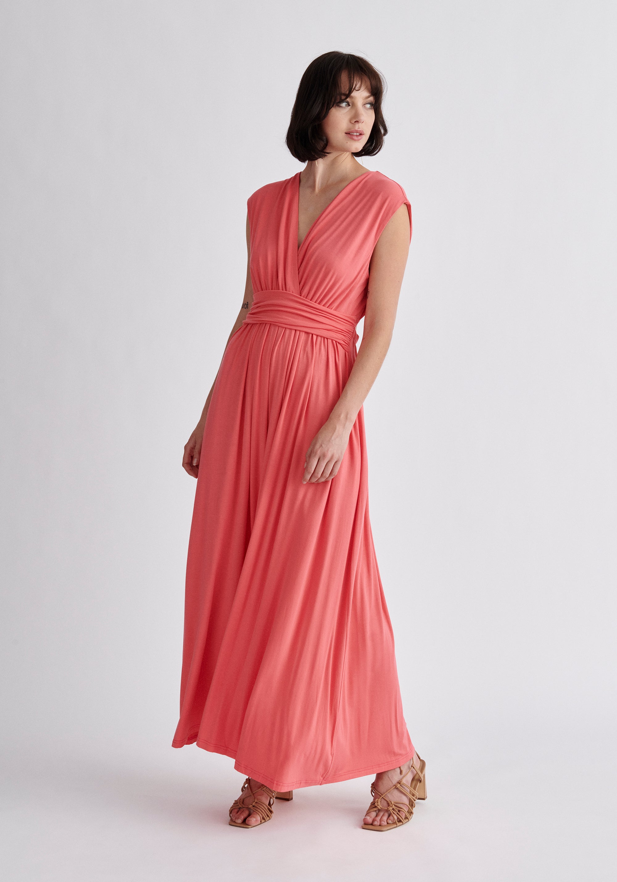 Paisie Tie-Back Jersey Dress in Coral Pink