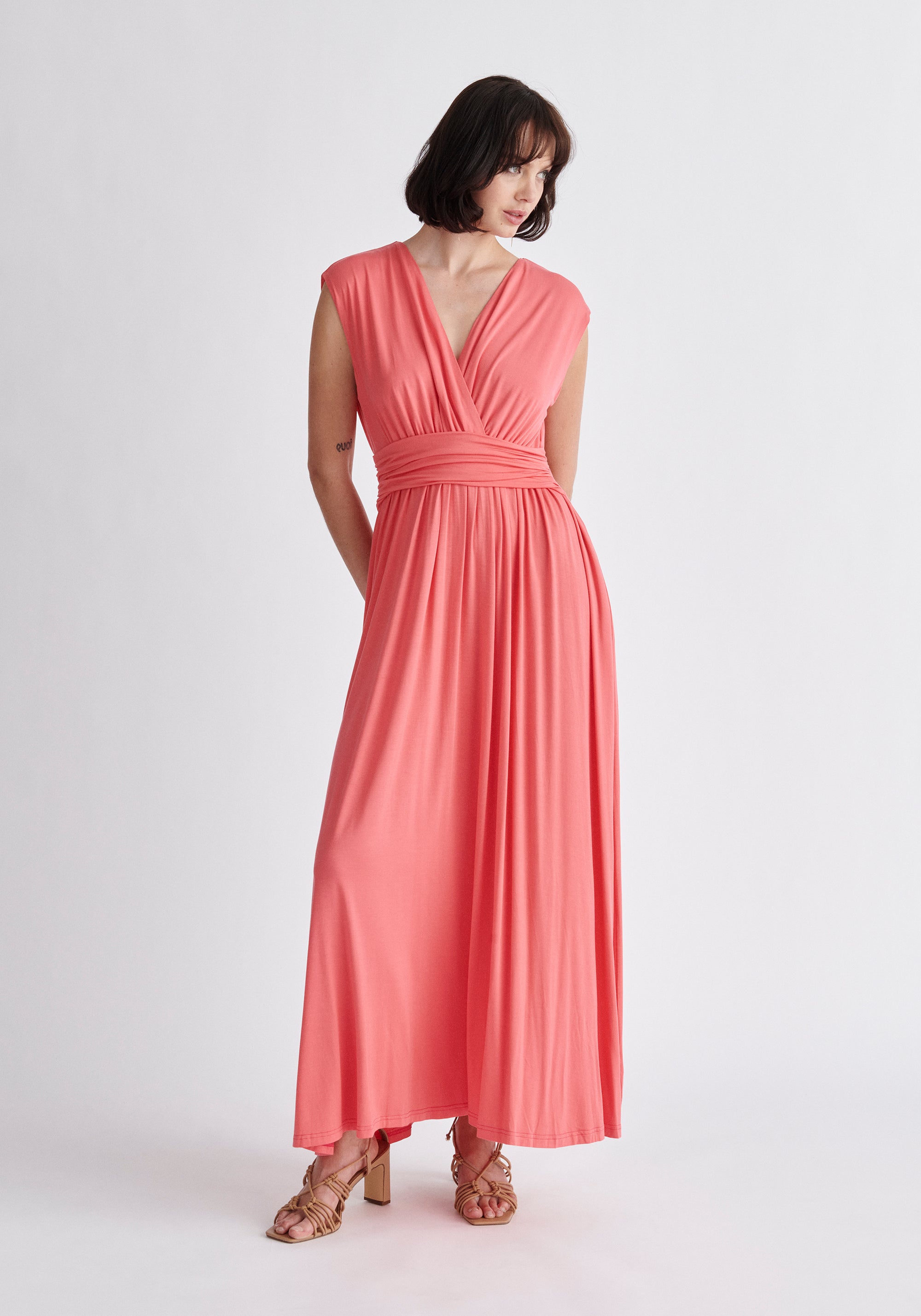 Paisie Tie-Back Jersey Dress in Coral Pink
