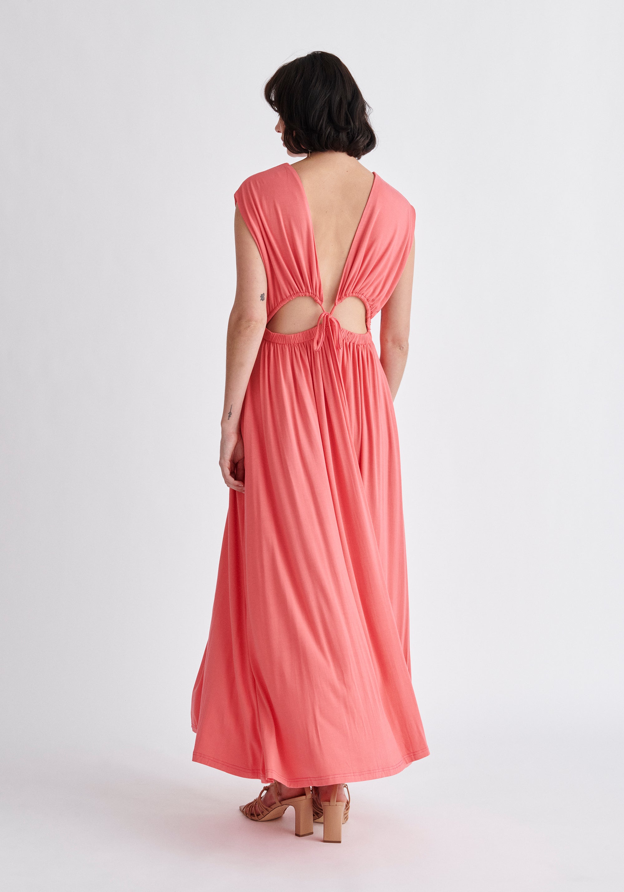 Paisie Tie-Back Jersey Dress in Coral Pink Back