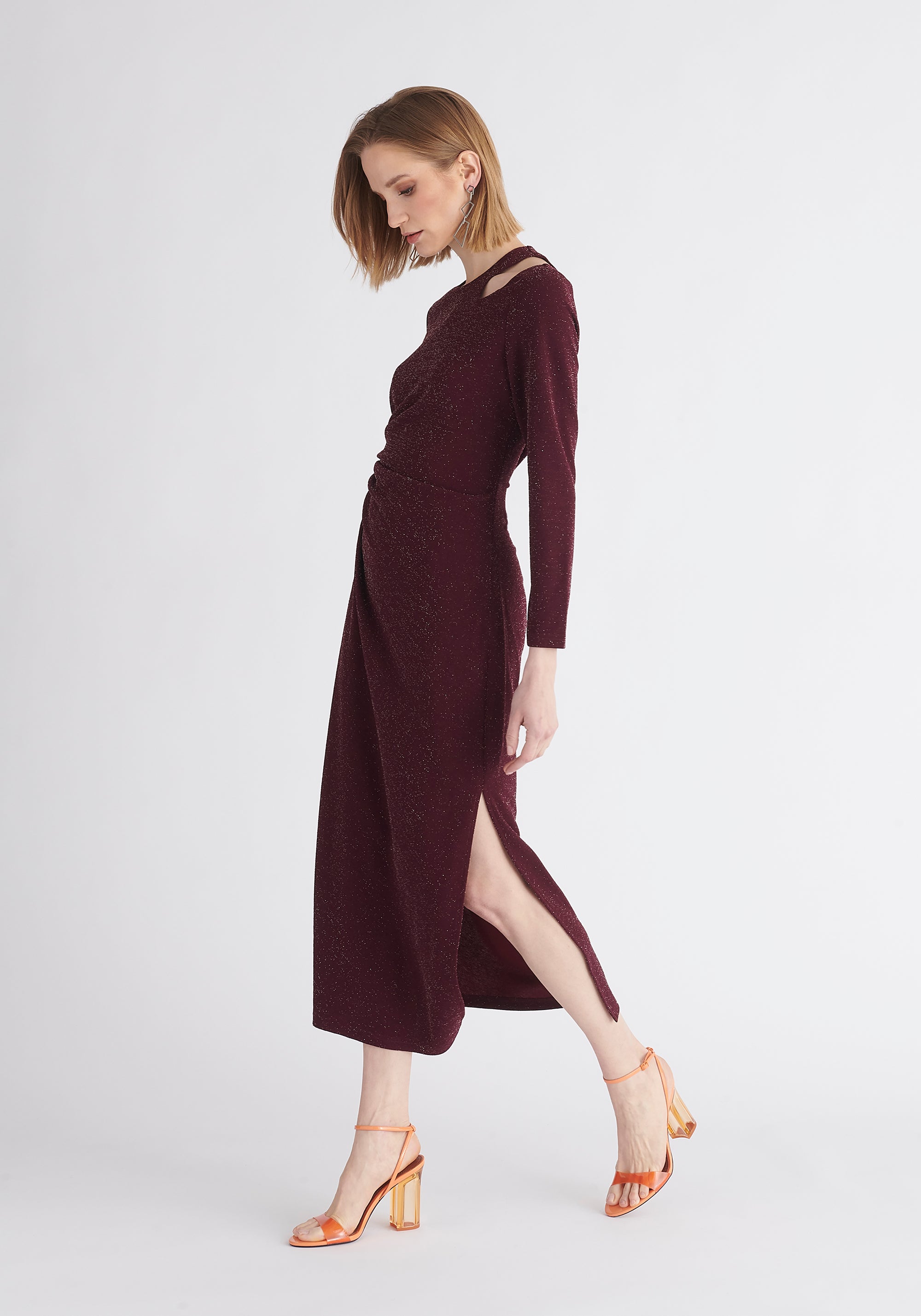 Paisie Sparkly Cut Out Dress in Purple Side