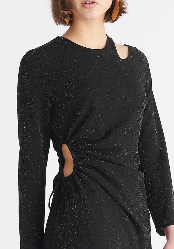 Paisie Sparkly Cut Out Dress in Black Close Up
