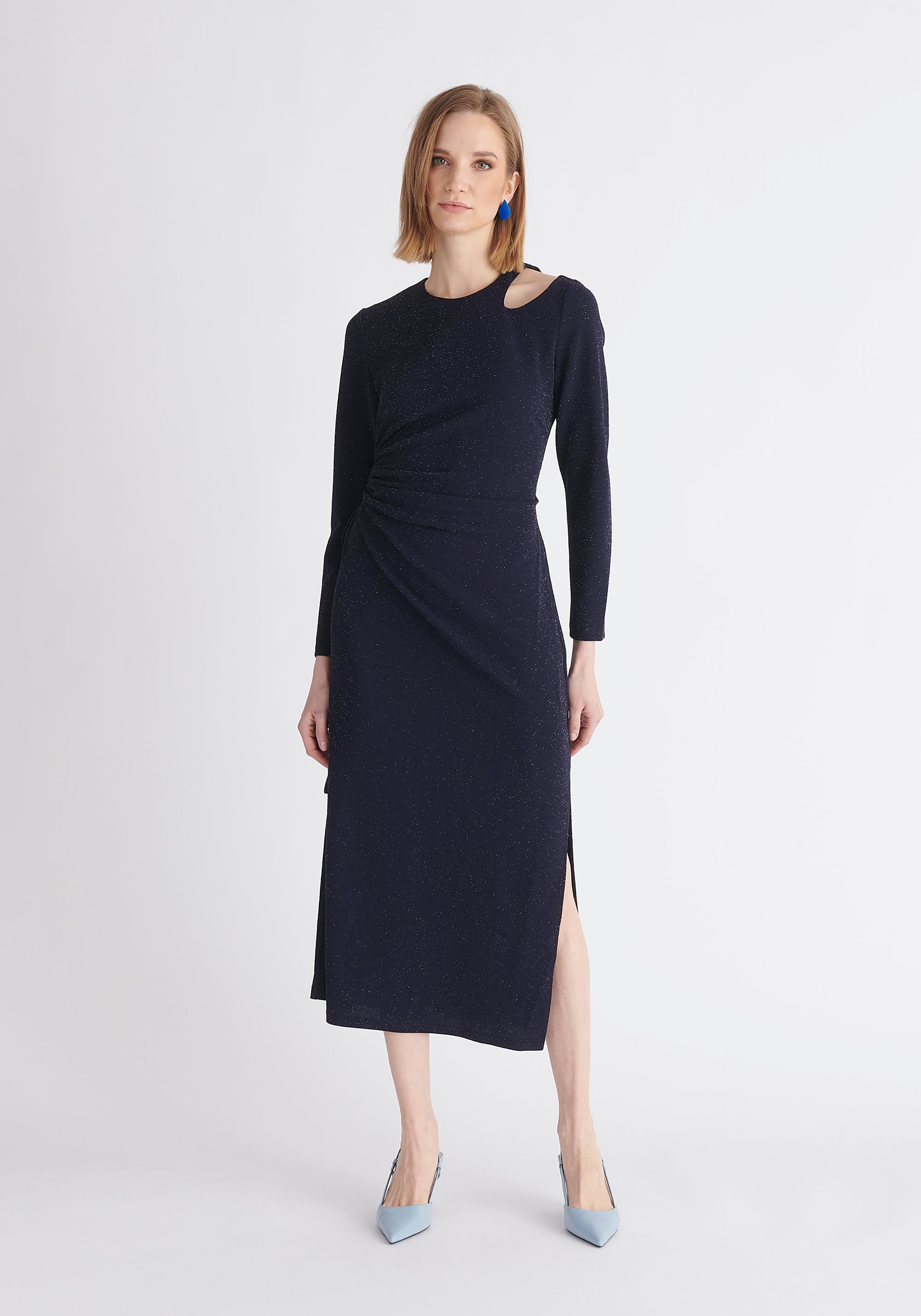 Paisie Sparkly Cut Out Dress in Navy