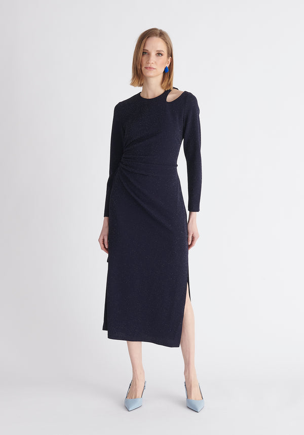 Paisie Sparkly Cut Out Dress in Navy