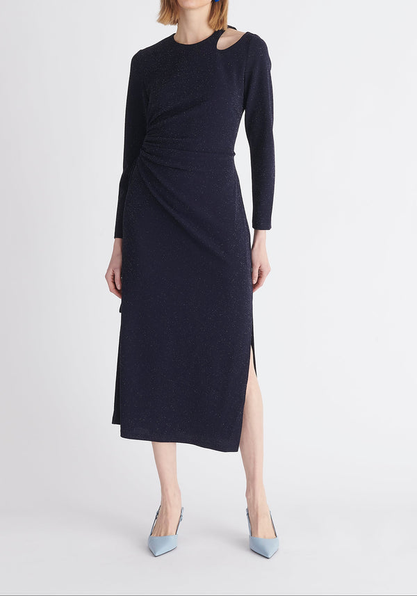Paisie Sparkly Cut Out Dress in Navy