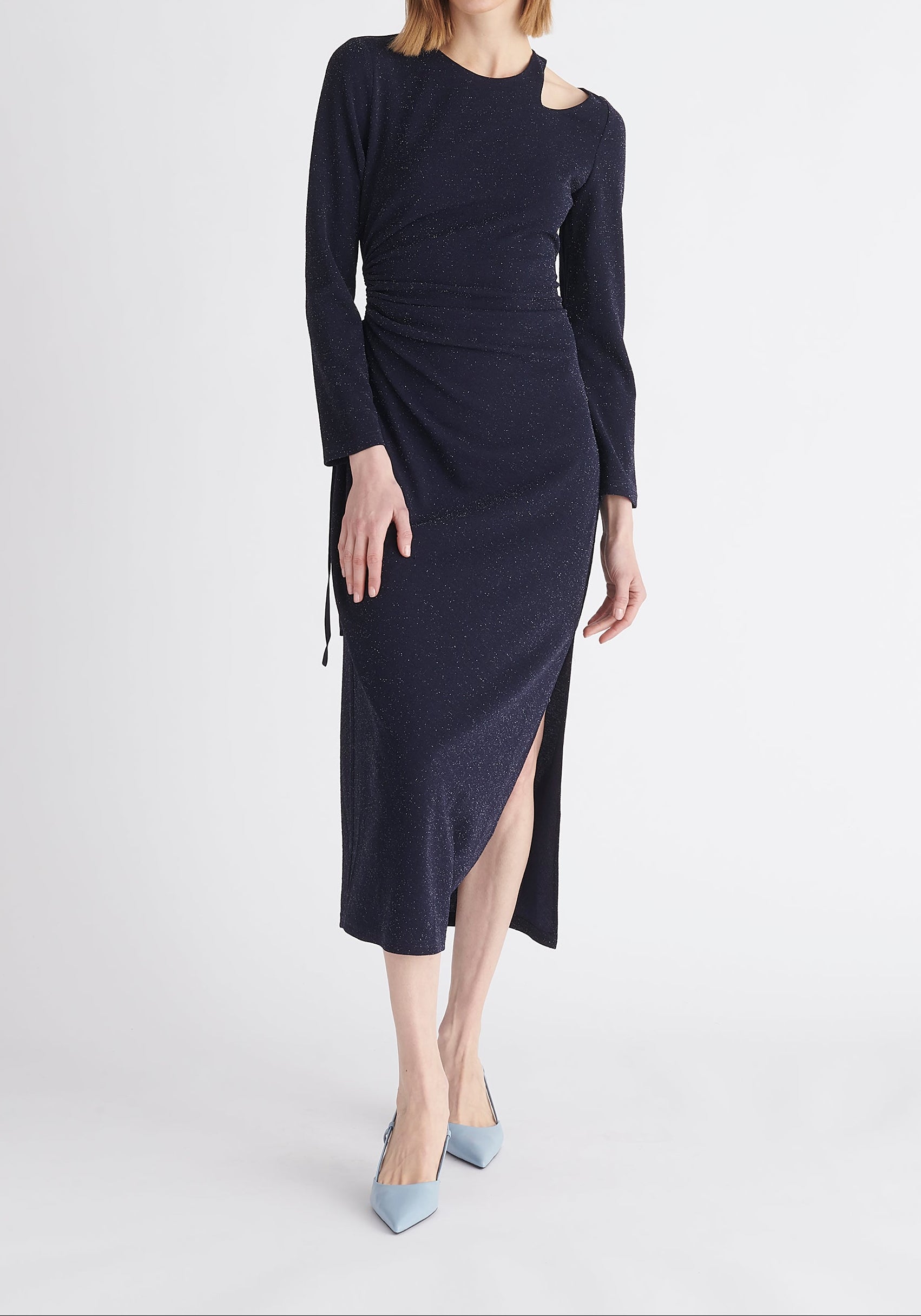 Paisie Sparkly Cut Out Dress in Navy