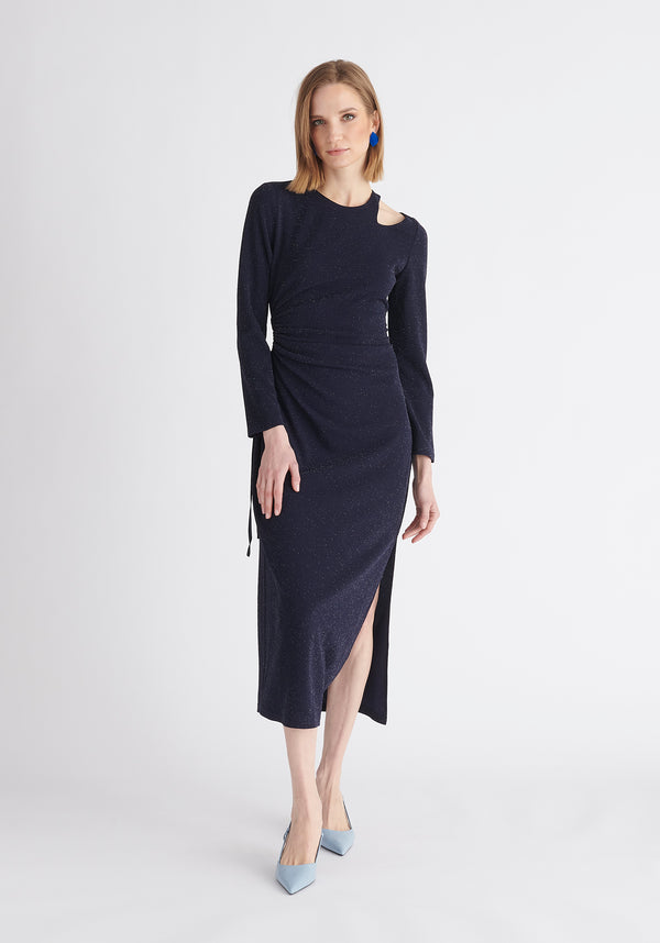 Paisie Sparkly Cut Out Dress in Navy