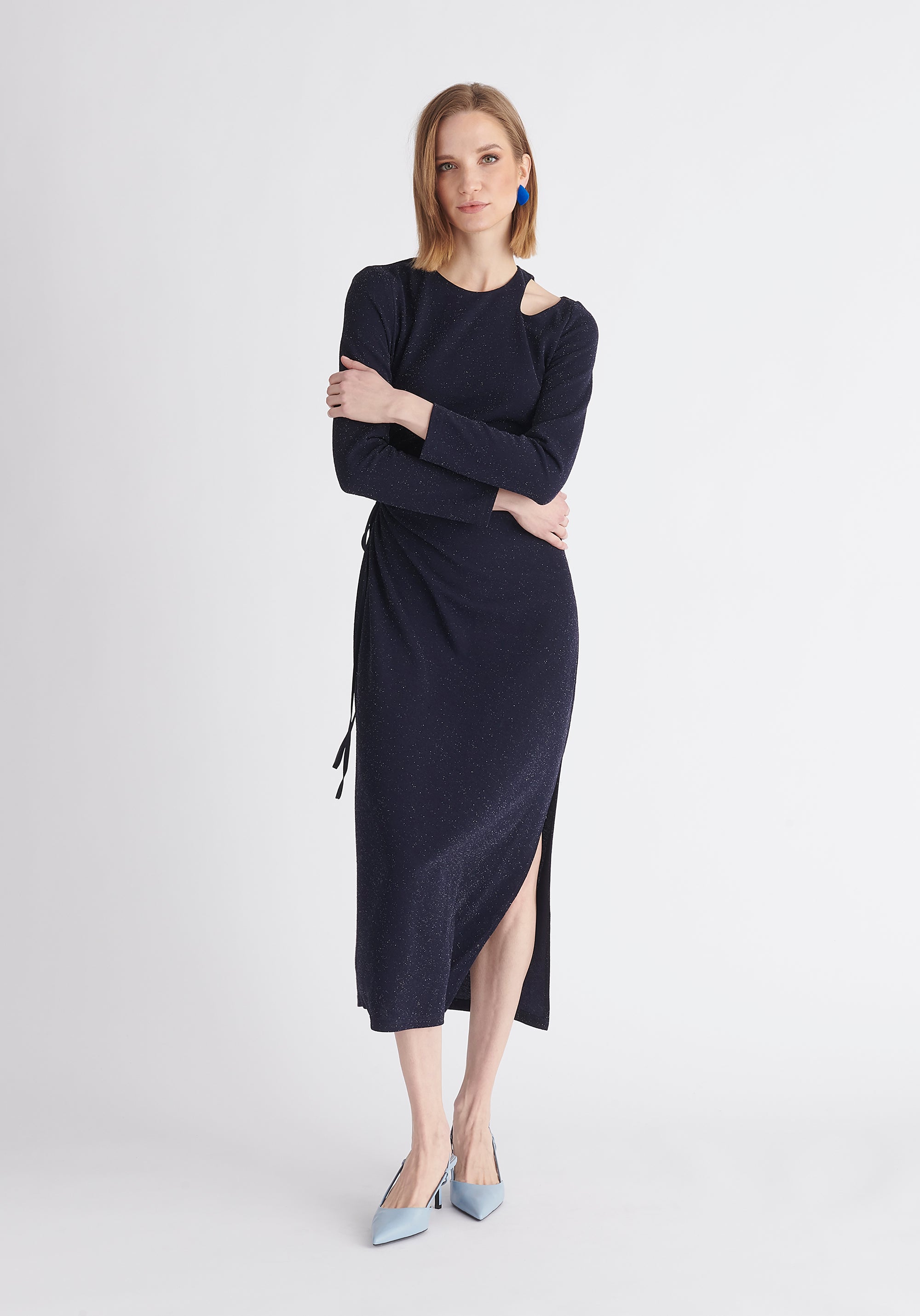 Paisie Sparkly Cut Out Dress in Navy