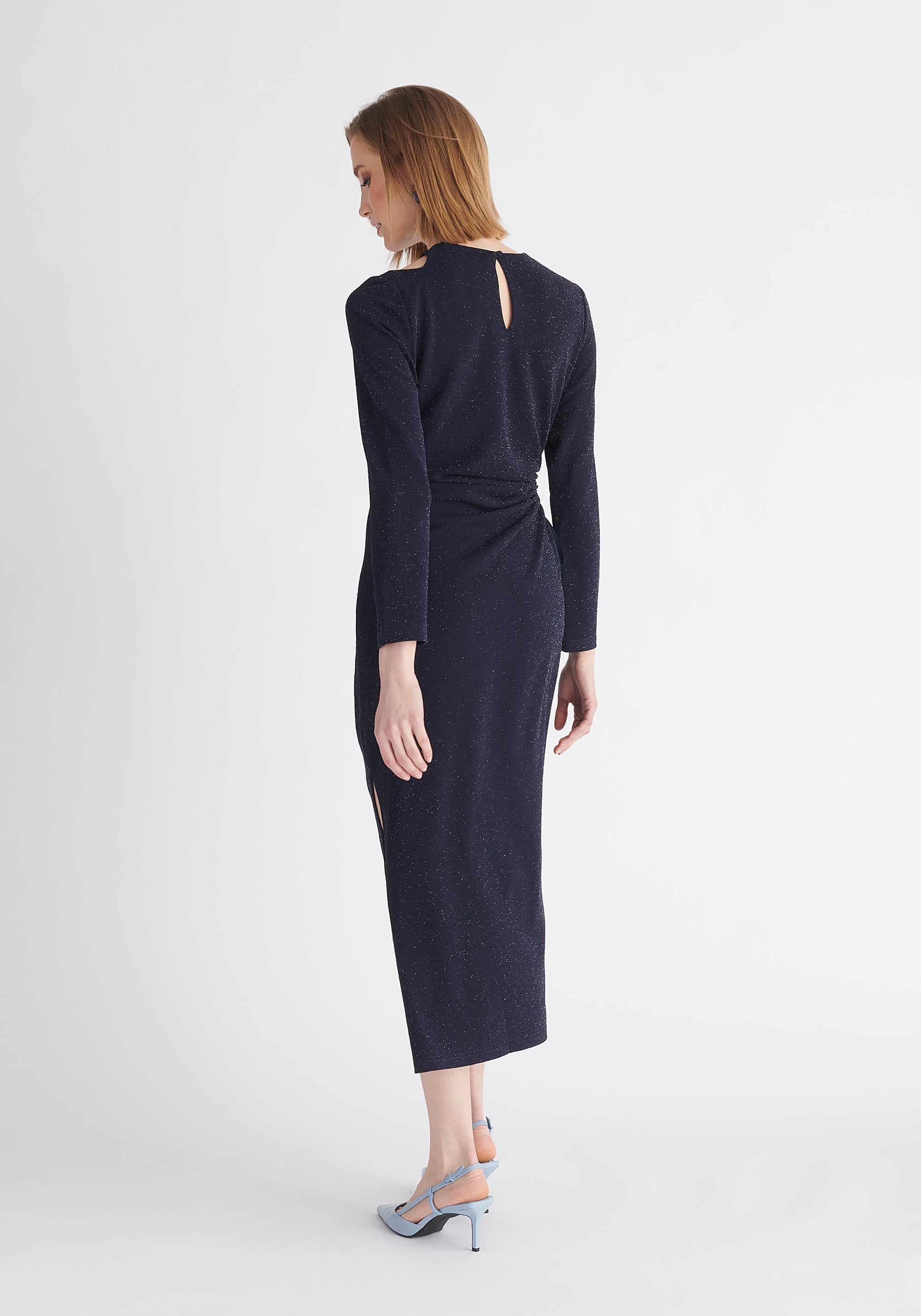 Paisie Sparkly Cut Out Dress in Navy Back