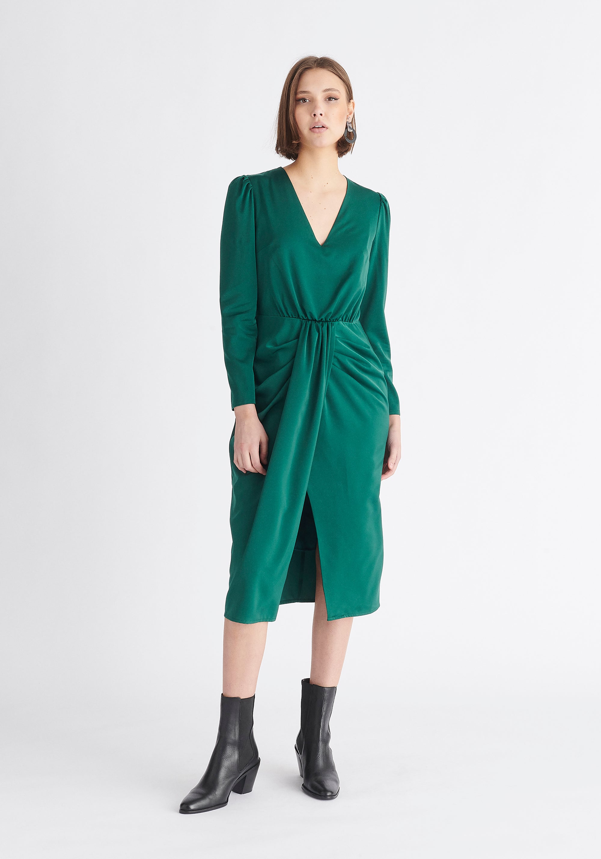 Paisie Satin V-Neck Dress in Green