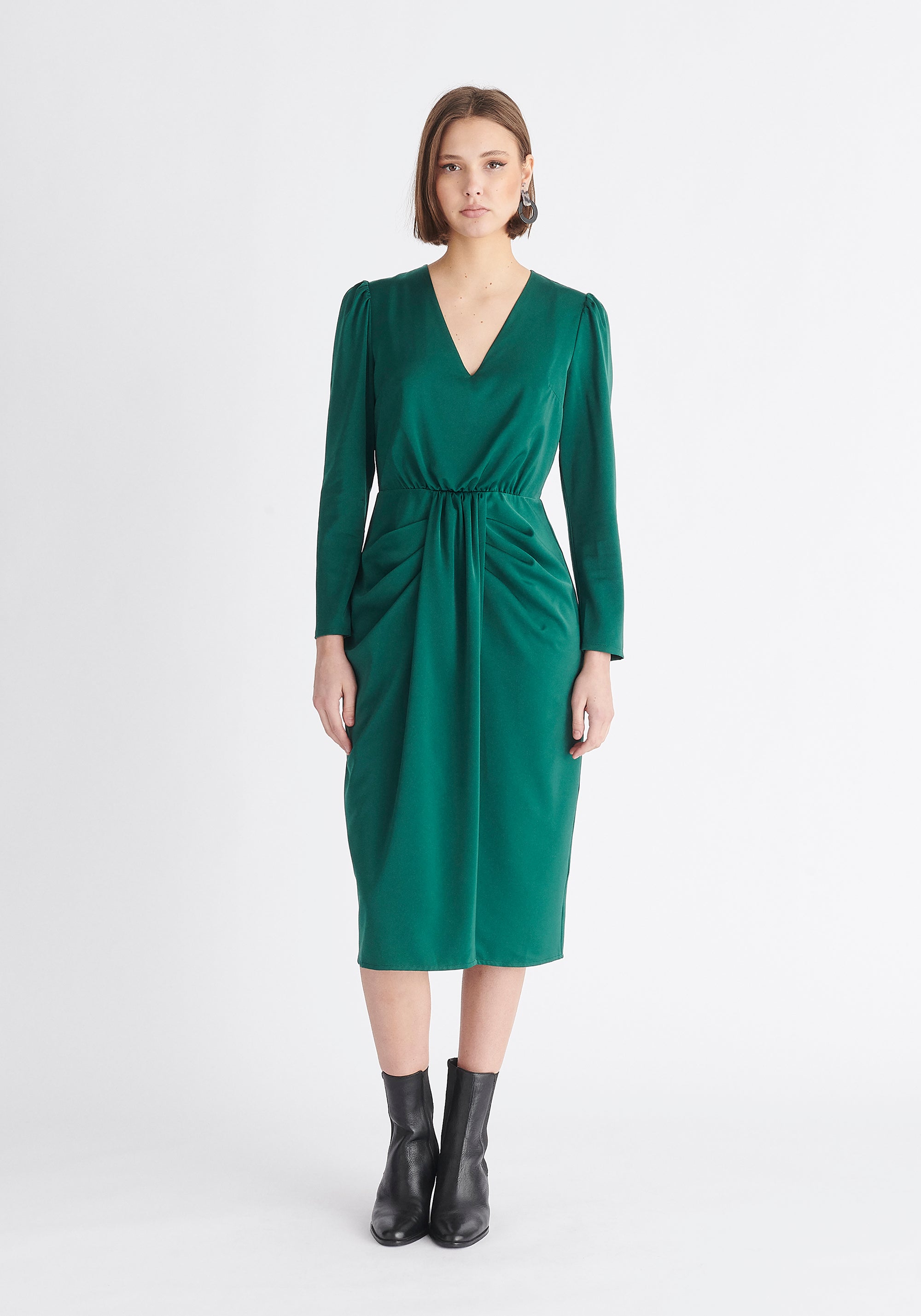 Paisie Satin V-Neck Dress in Green