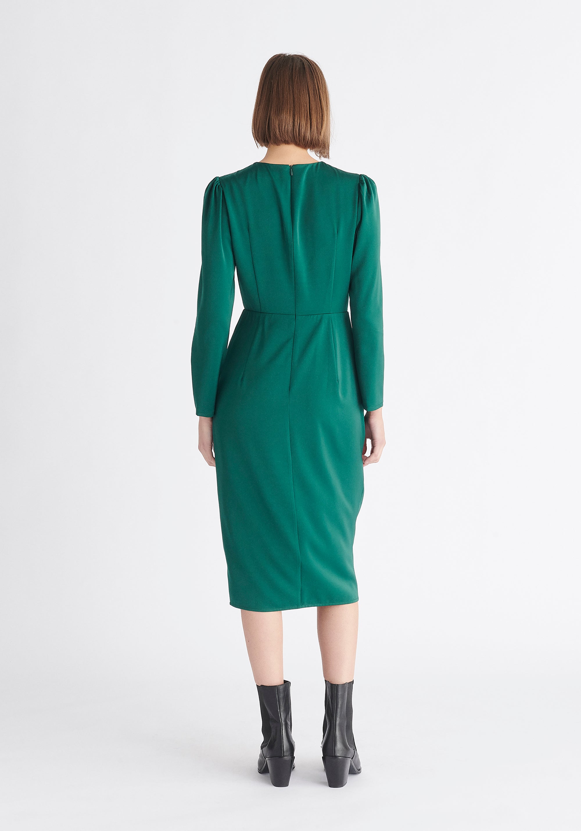Paisie Satin V-Neck Dress in Green Back