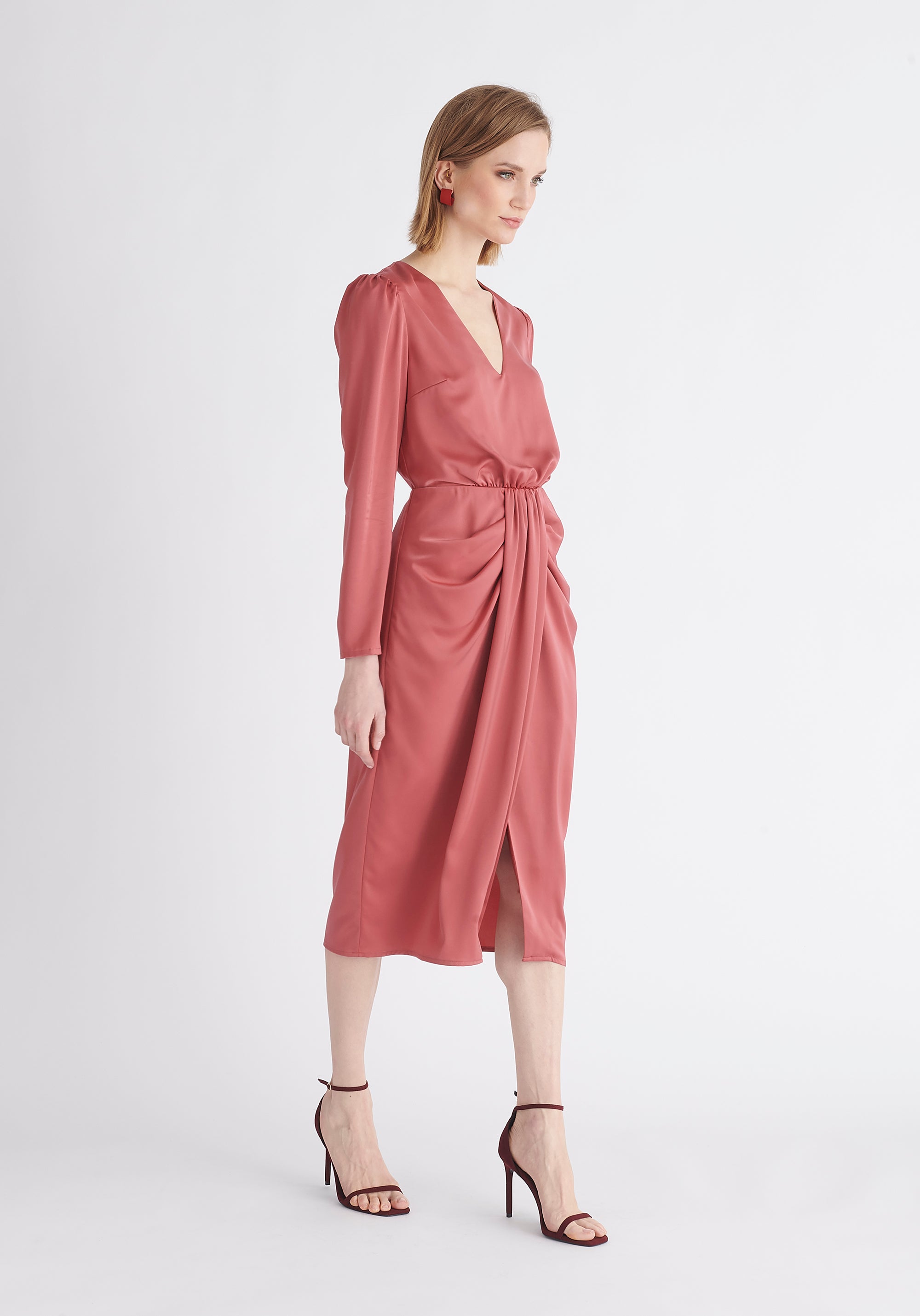 Paisie Satin V-Neck Dress in Pink Side