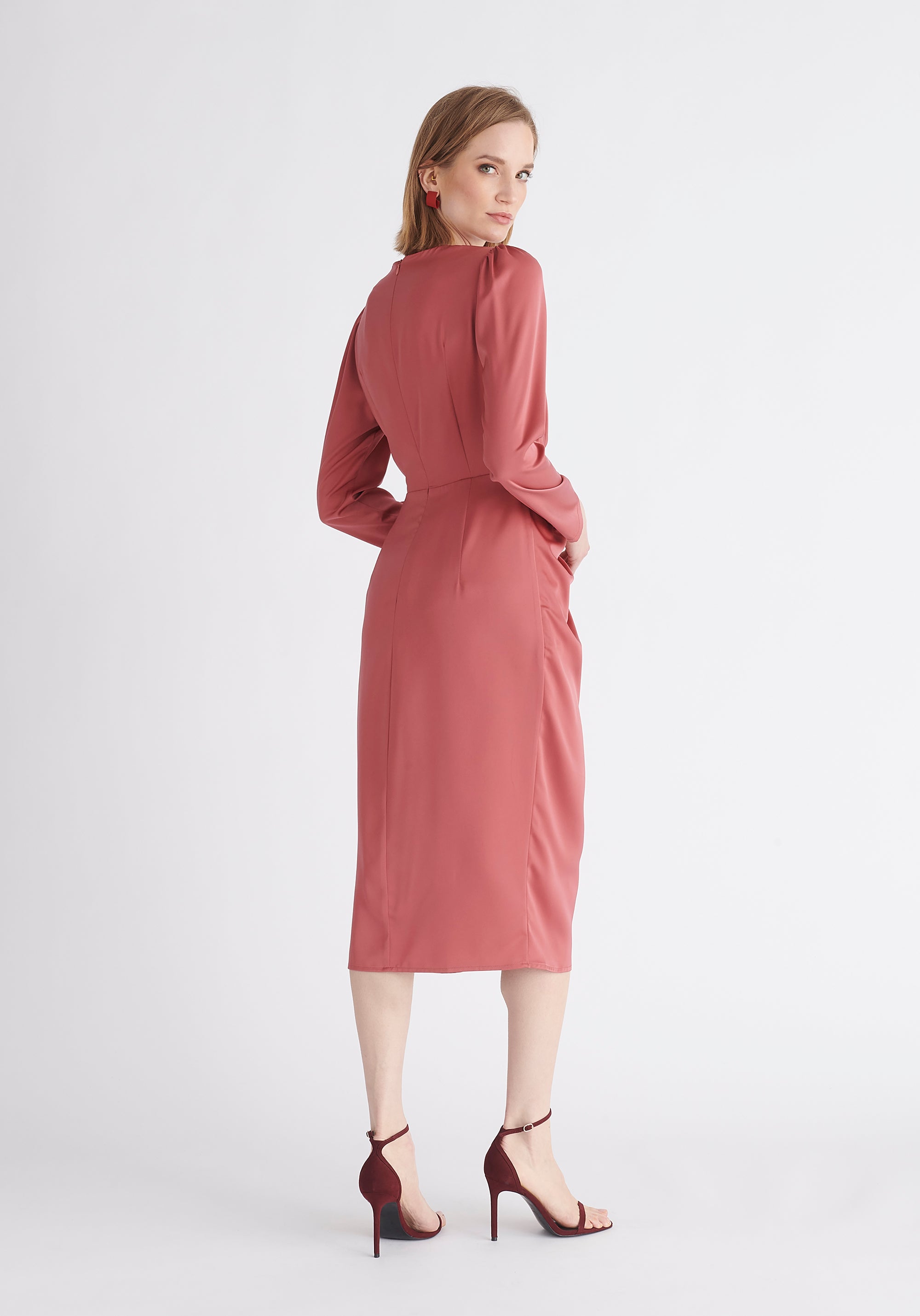 Paisie Satin V-Neck Dress in Pink Back