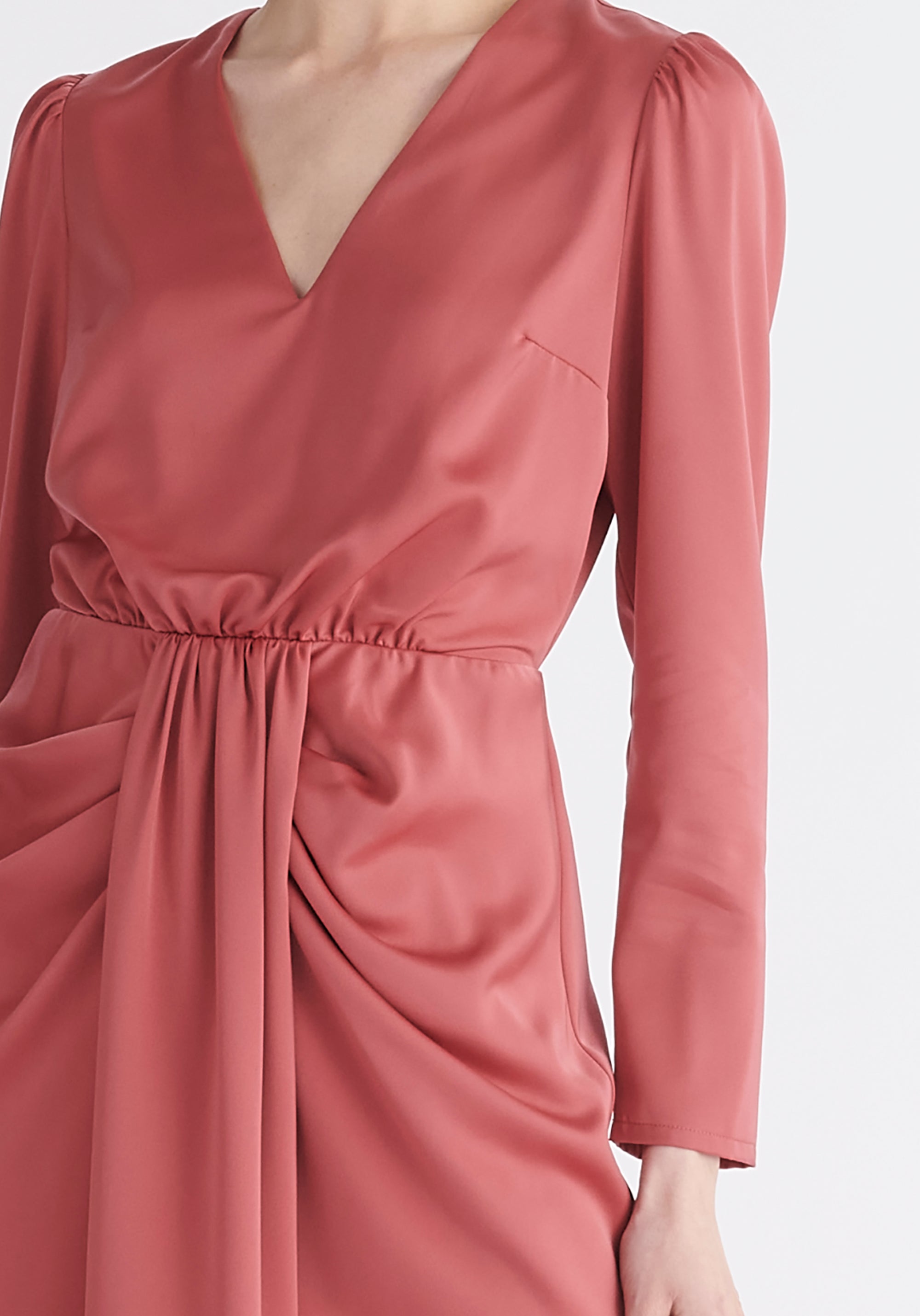 Paisie Satin V-Neck Dress in Pink Close Up