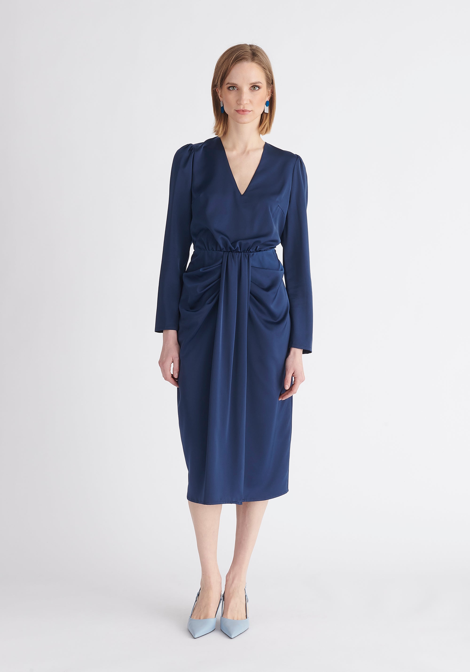 Paisie Satin V-Neck Dress in Navy