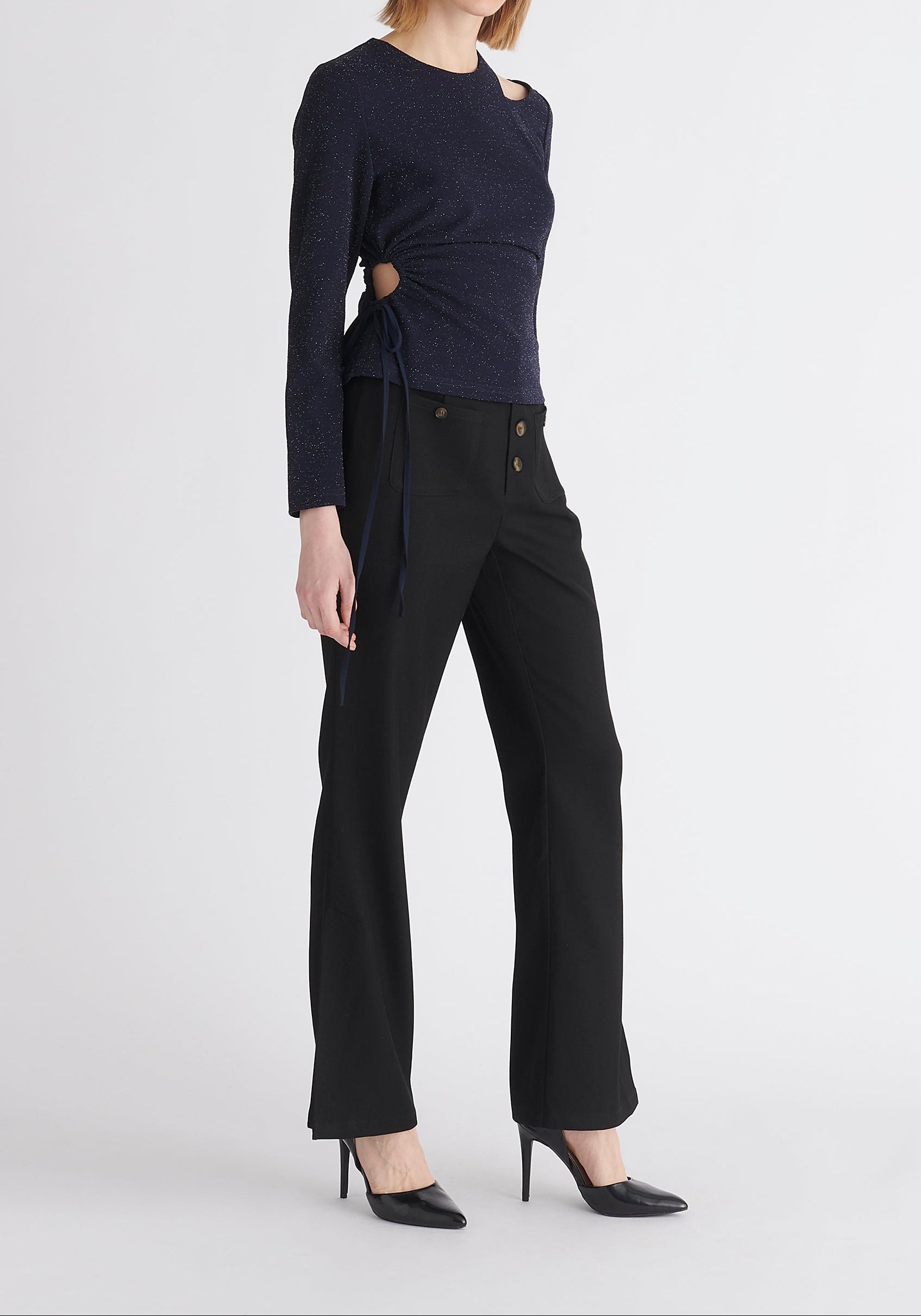 Paisie Sparkly Cut Out Top in Navy Side