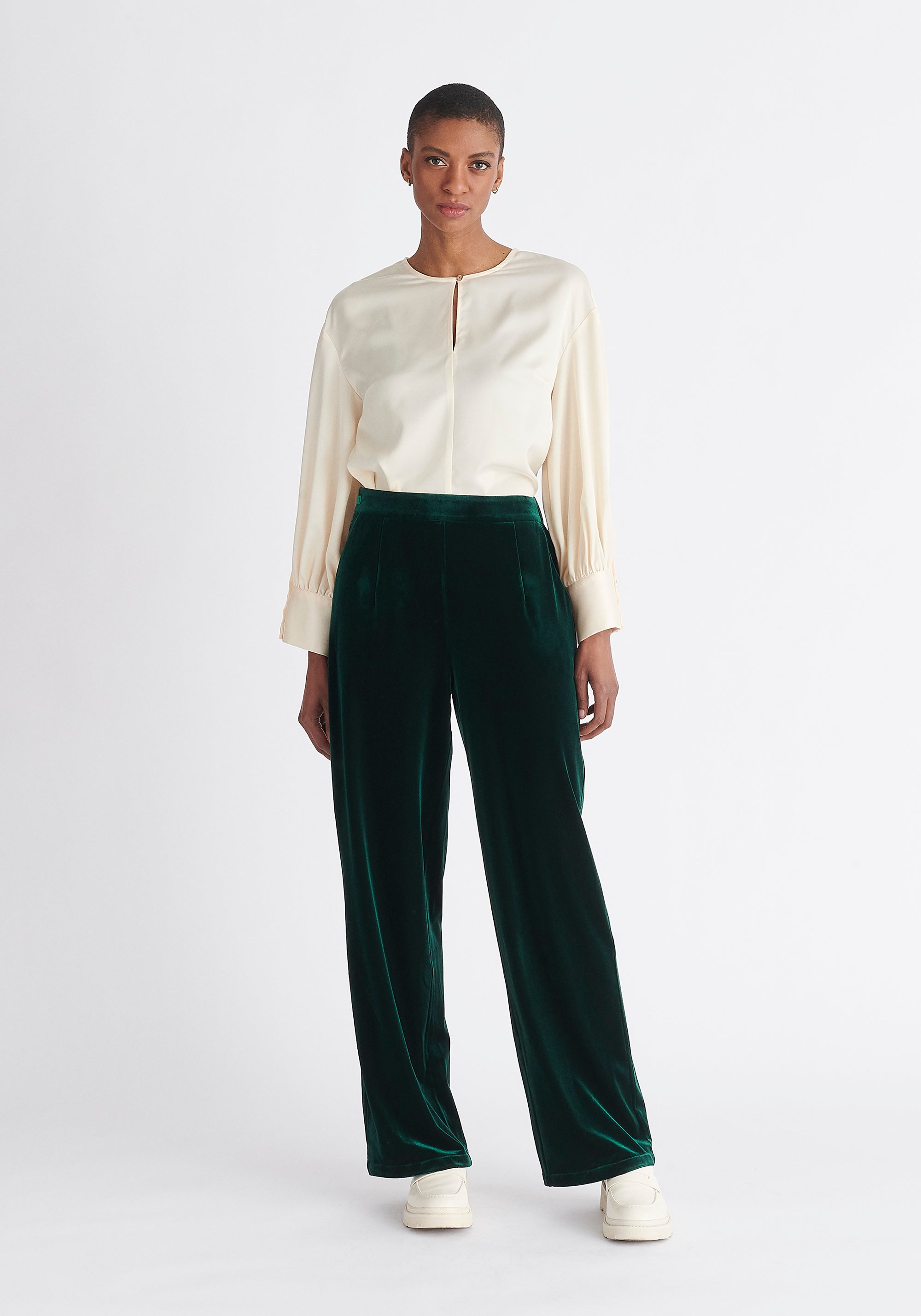 Paisie High Waist Velvet Trousers in Dark Green