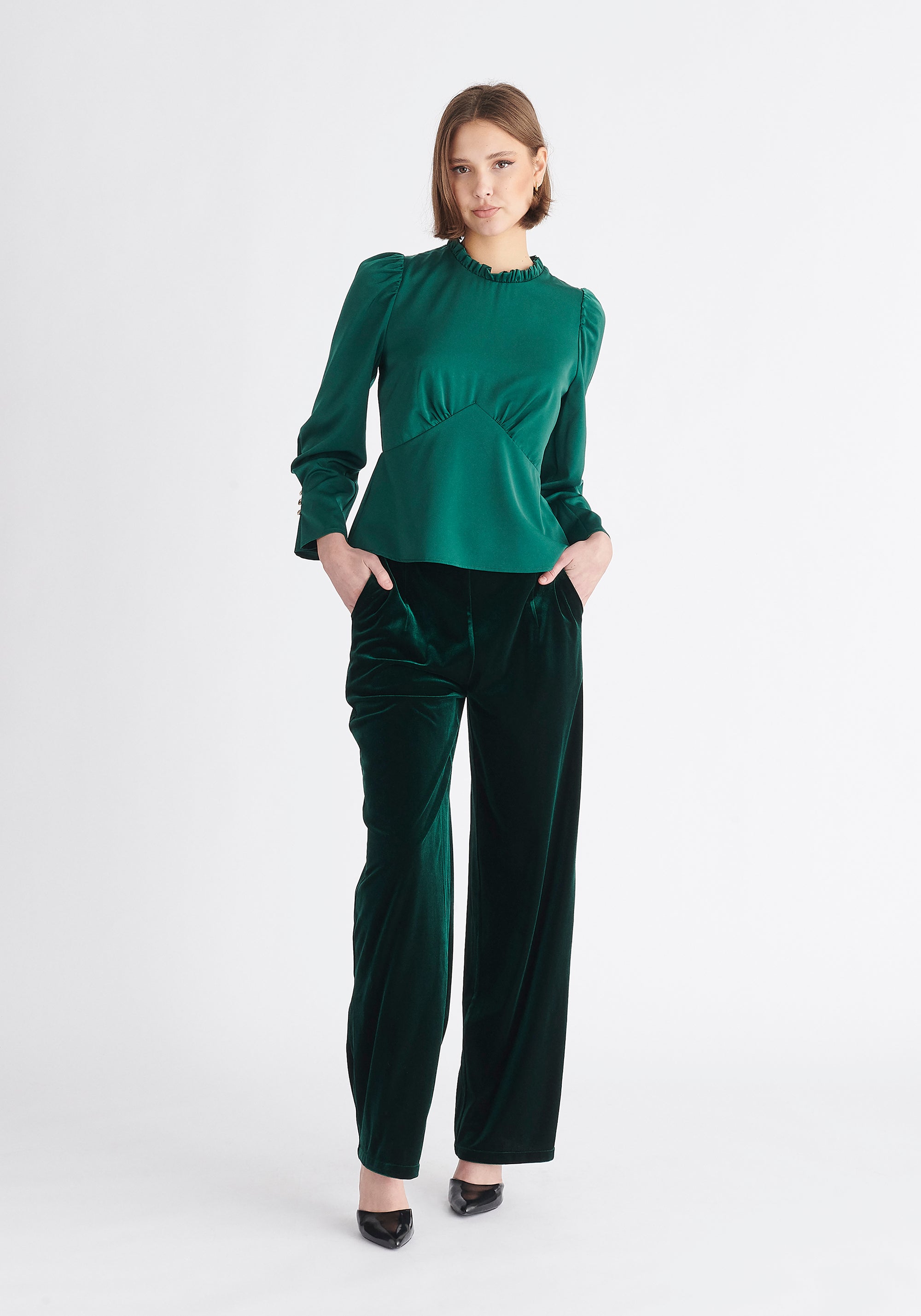 Paisie High Waist Velvet Trousers in Dark Green