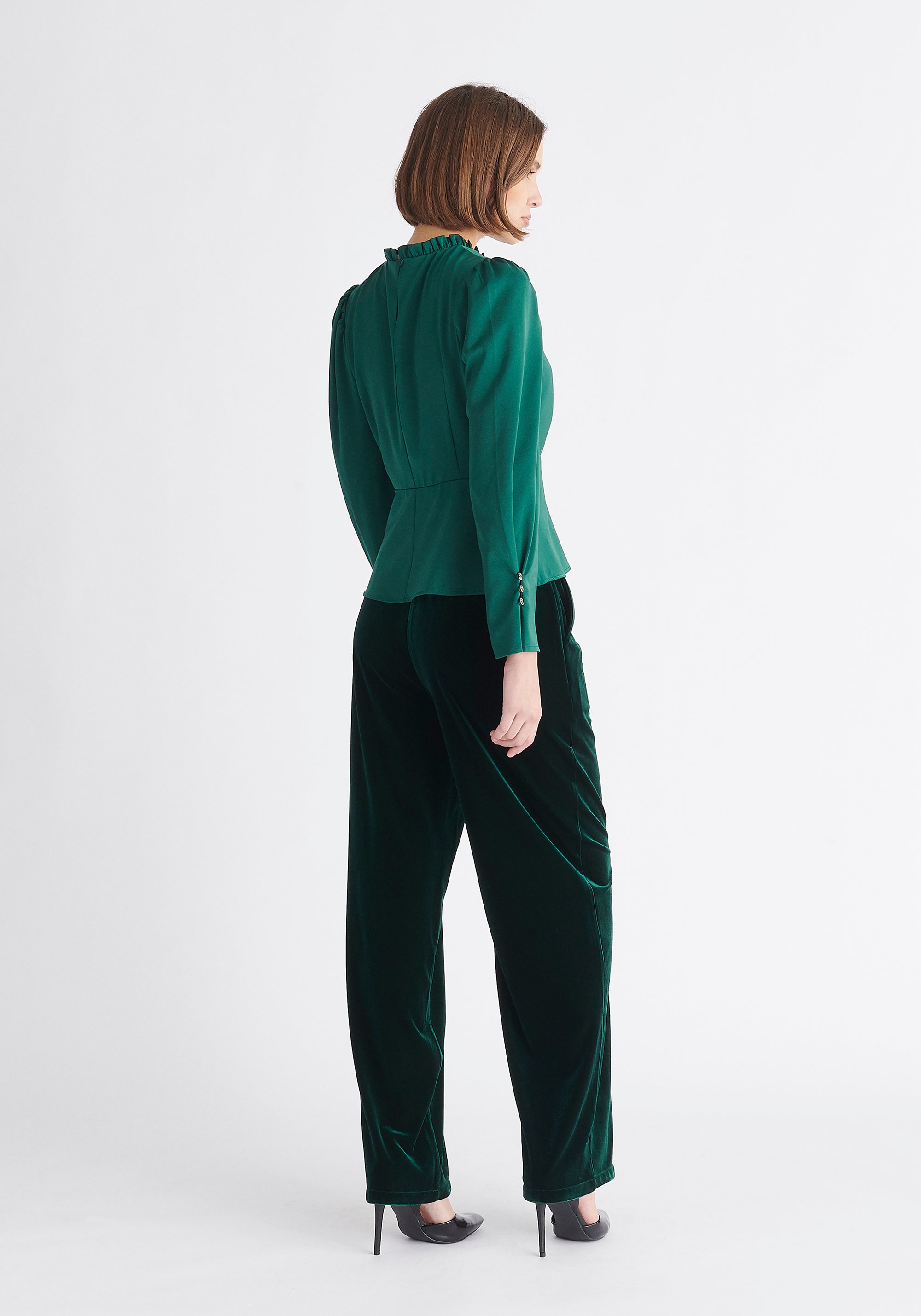 Paisie High Waist Velvet Trousers in Dark Green Back