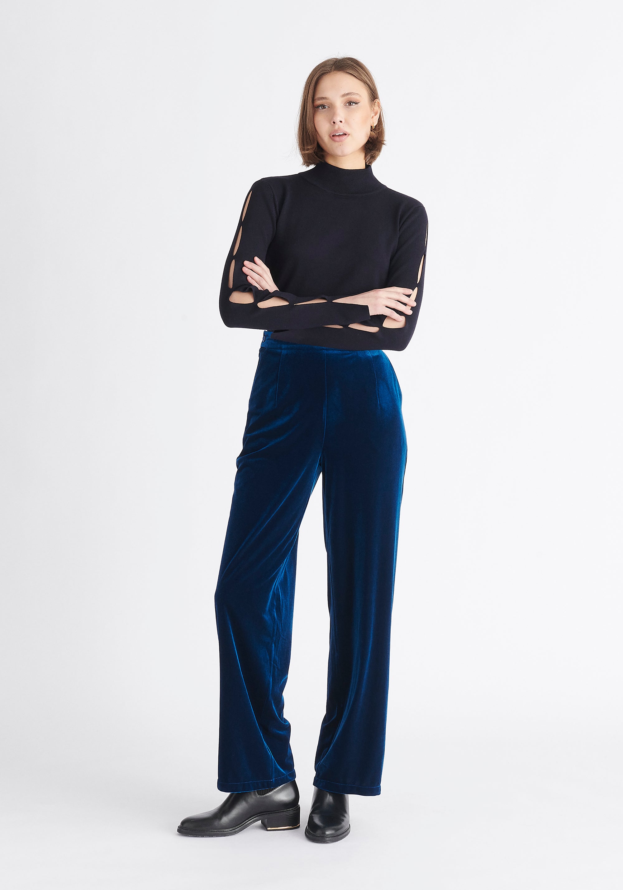 Paisie High Waist Velvet Trousers in Blue