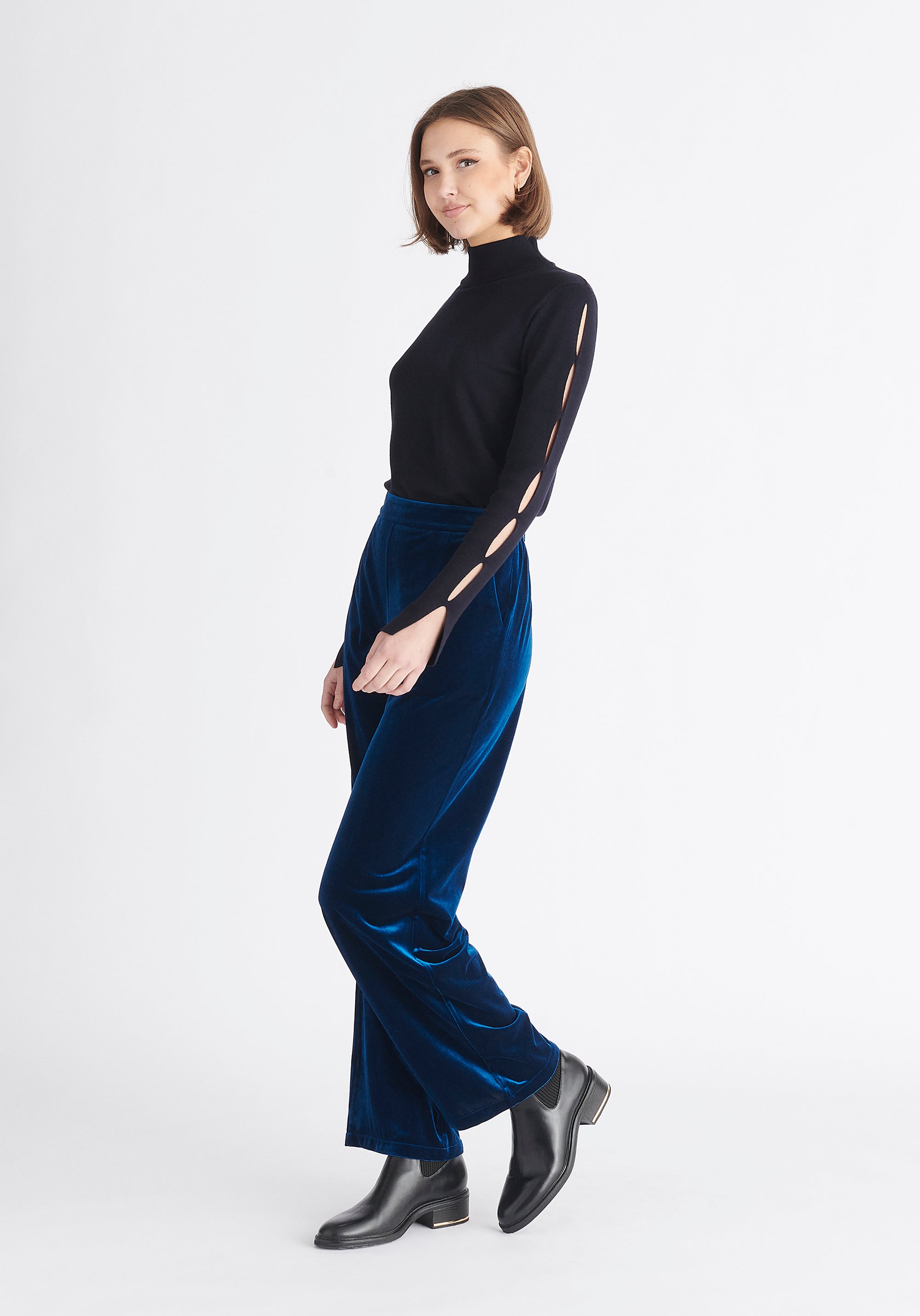 Paisie High Waist Velvet Trousers in Blue Side