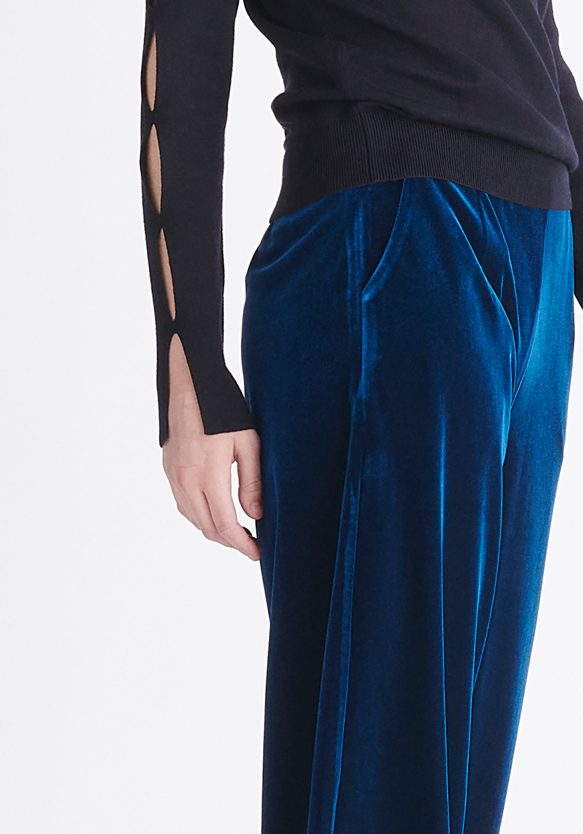 Paisie High Waist Velvet Trousers in Blue Close Up