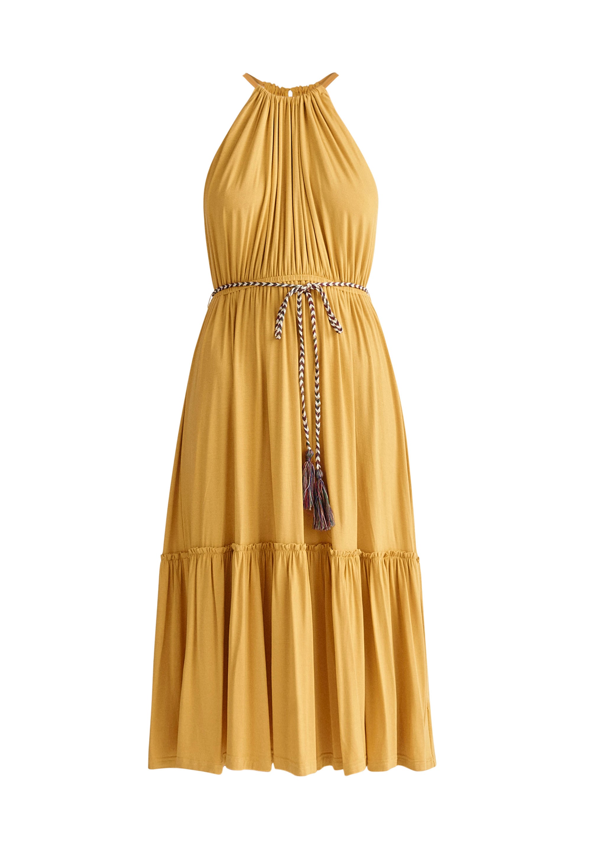 Paisie Tiered Halterneck Jersey Dress in Yellow Cut Out