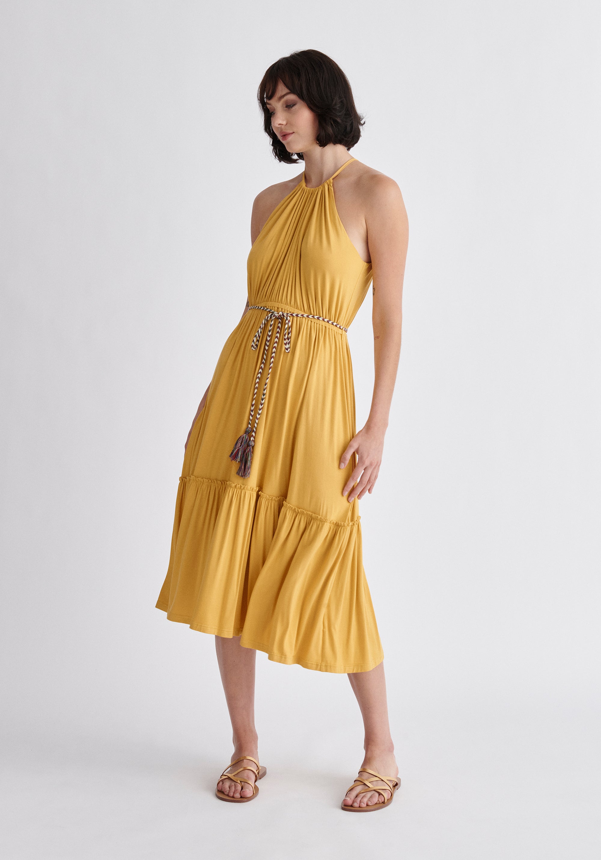 Paisie Tiered Halterneck Jersey Dress in Yellow