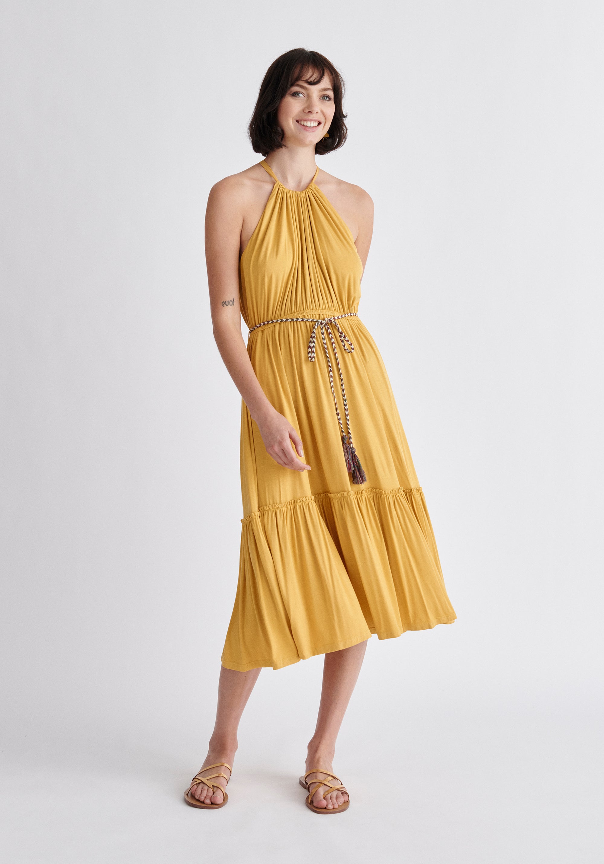 Paisie Tiered Halterneck Jersey Dress in Yellow