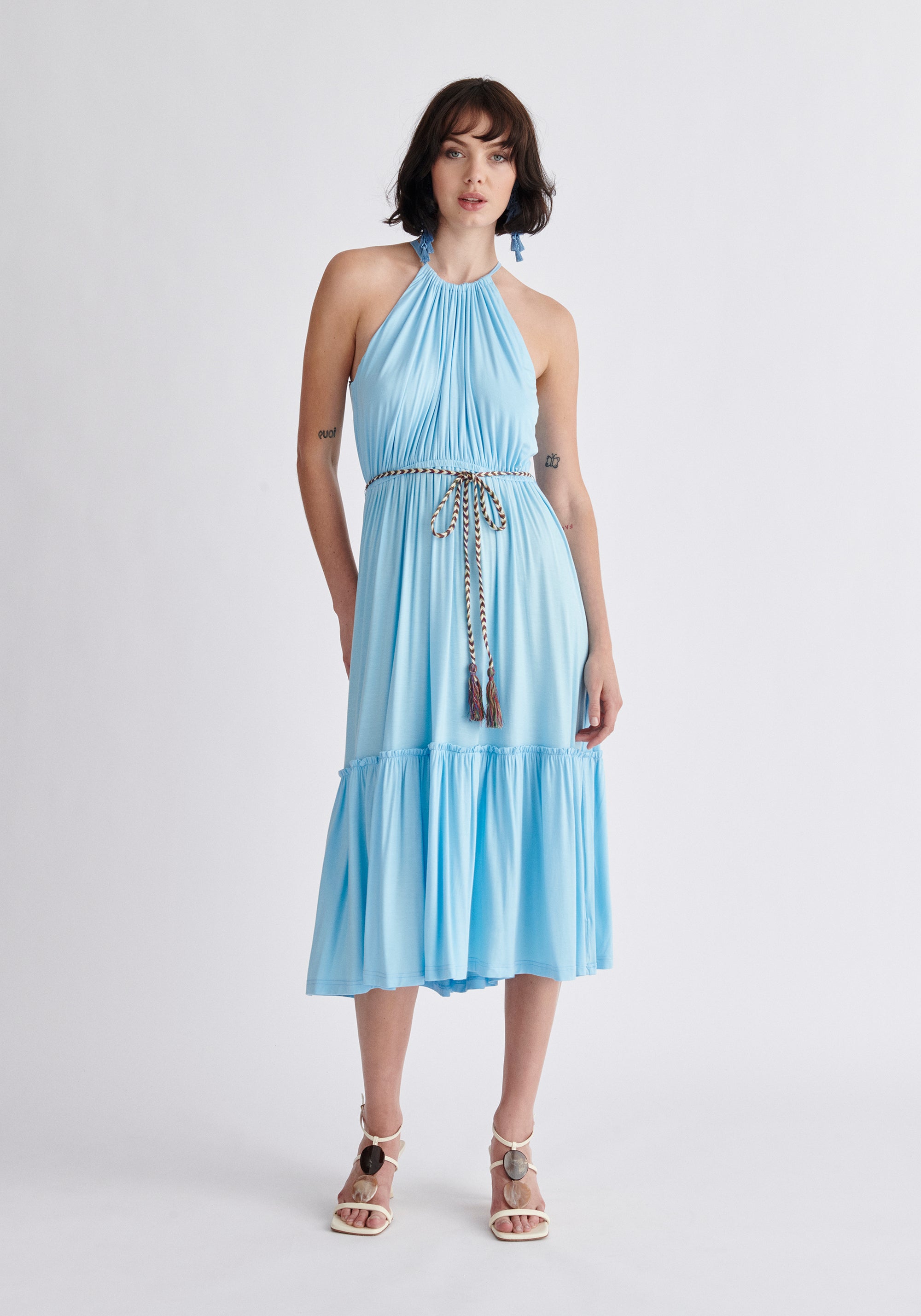 Paisie Tiered Halterneck Jersey Dress in Light Blue