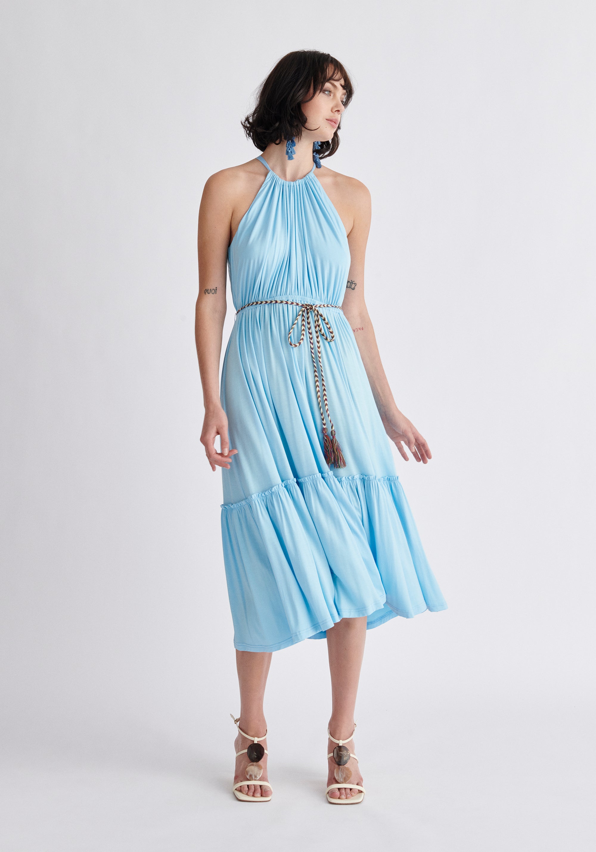 Paisie Tiered Halterneck Jersey Dress in Light Blue