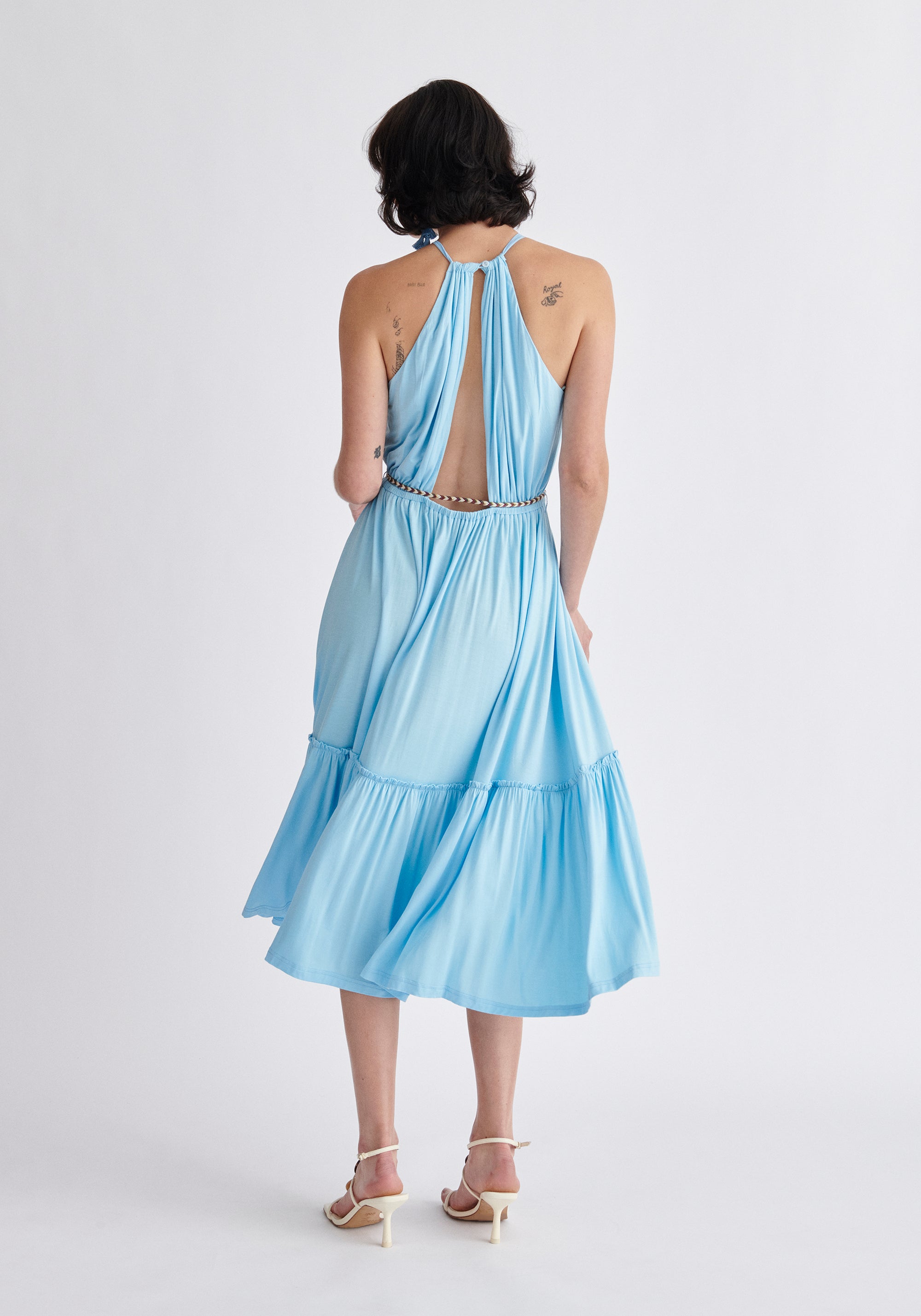 Paisie Tiered Halterneck Jersey Dress in Light Blue Back