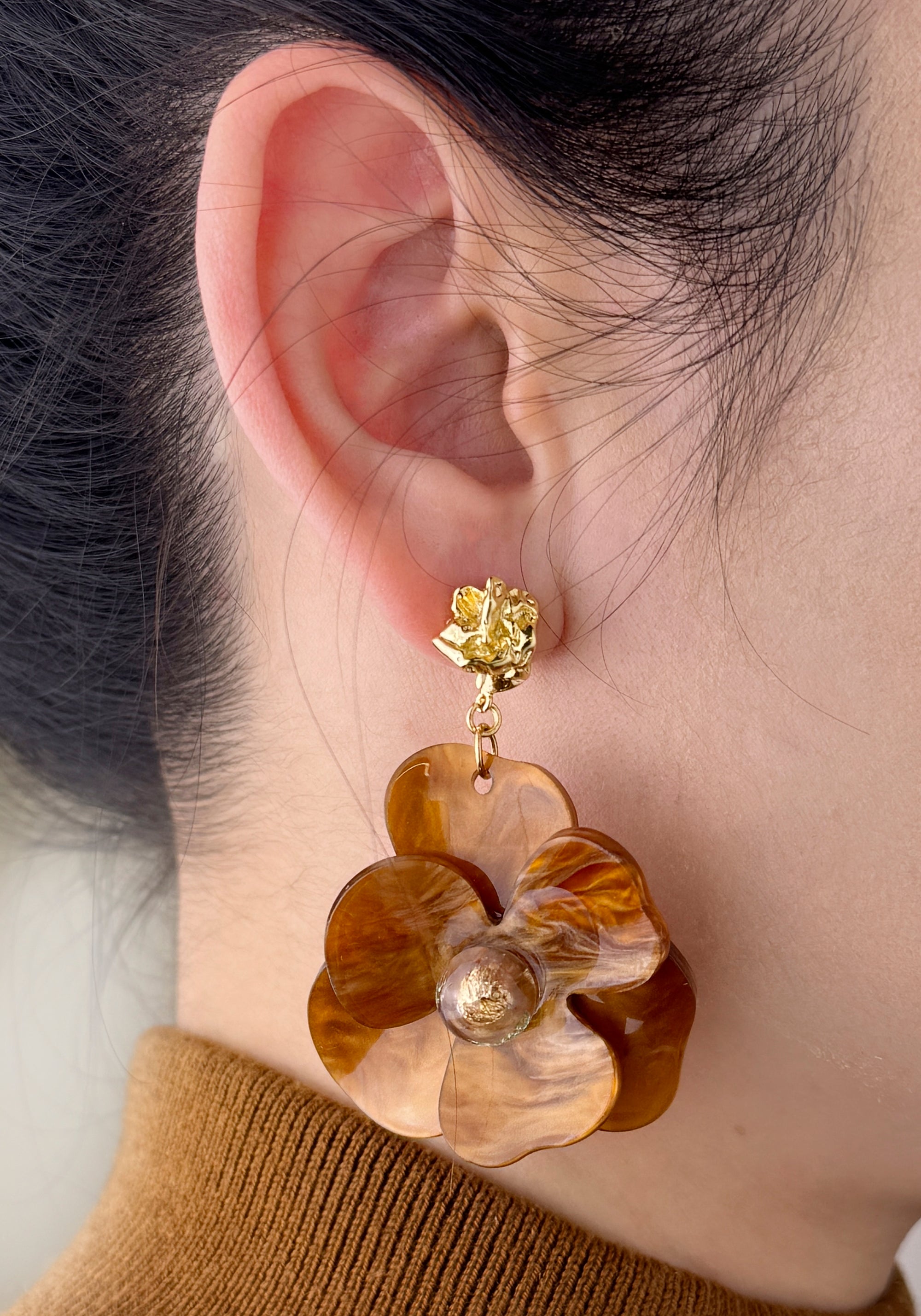 Golden Petal Drop Earrings in Brown