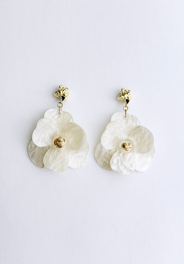 Golden Petal Drop Earrings in White