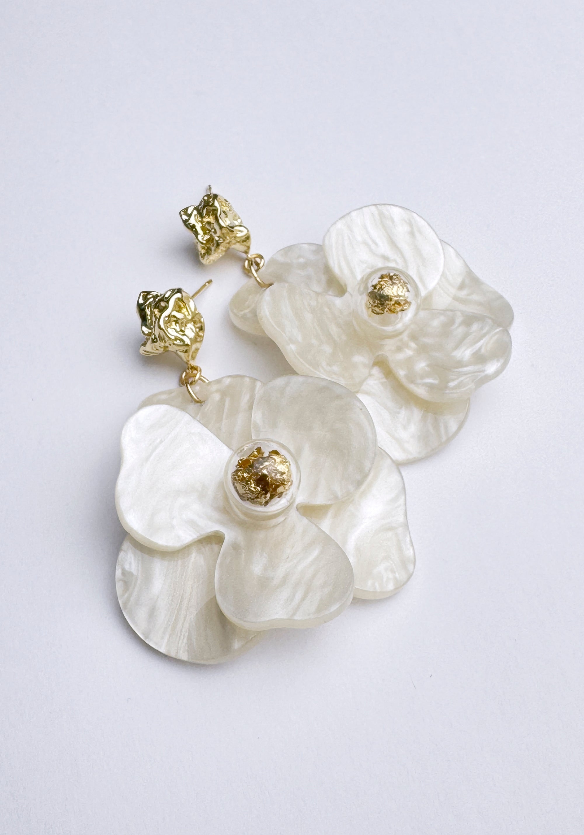 Golden Petal Drop Earrings in White