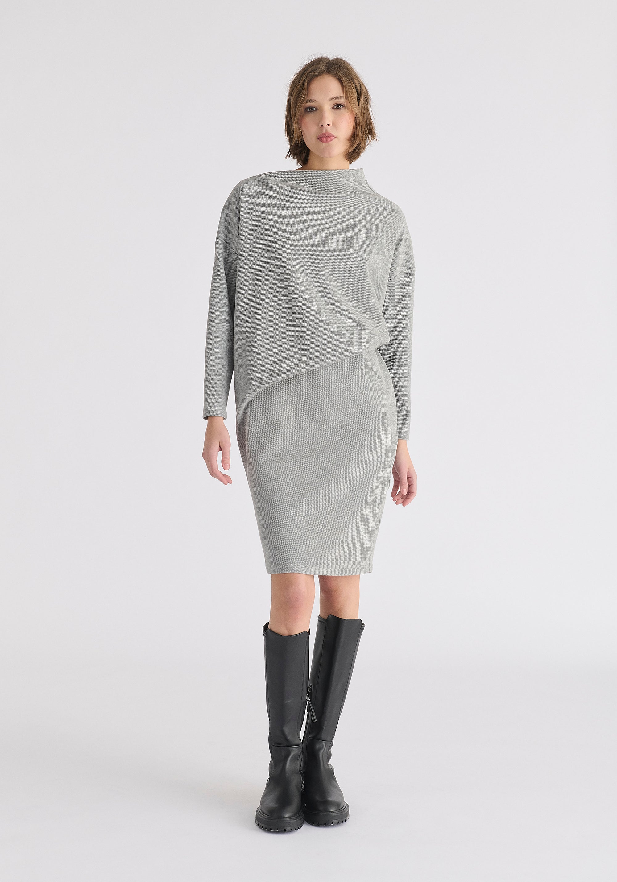 Asymmetric Neck Jumper Dress in Marl Grey