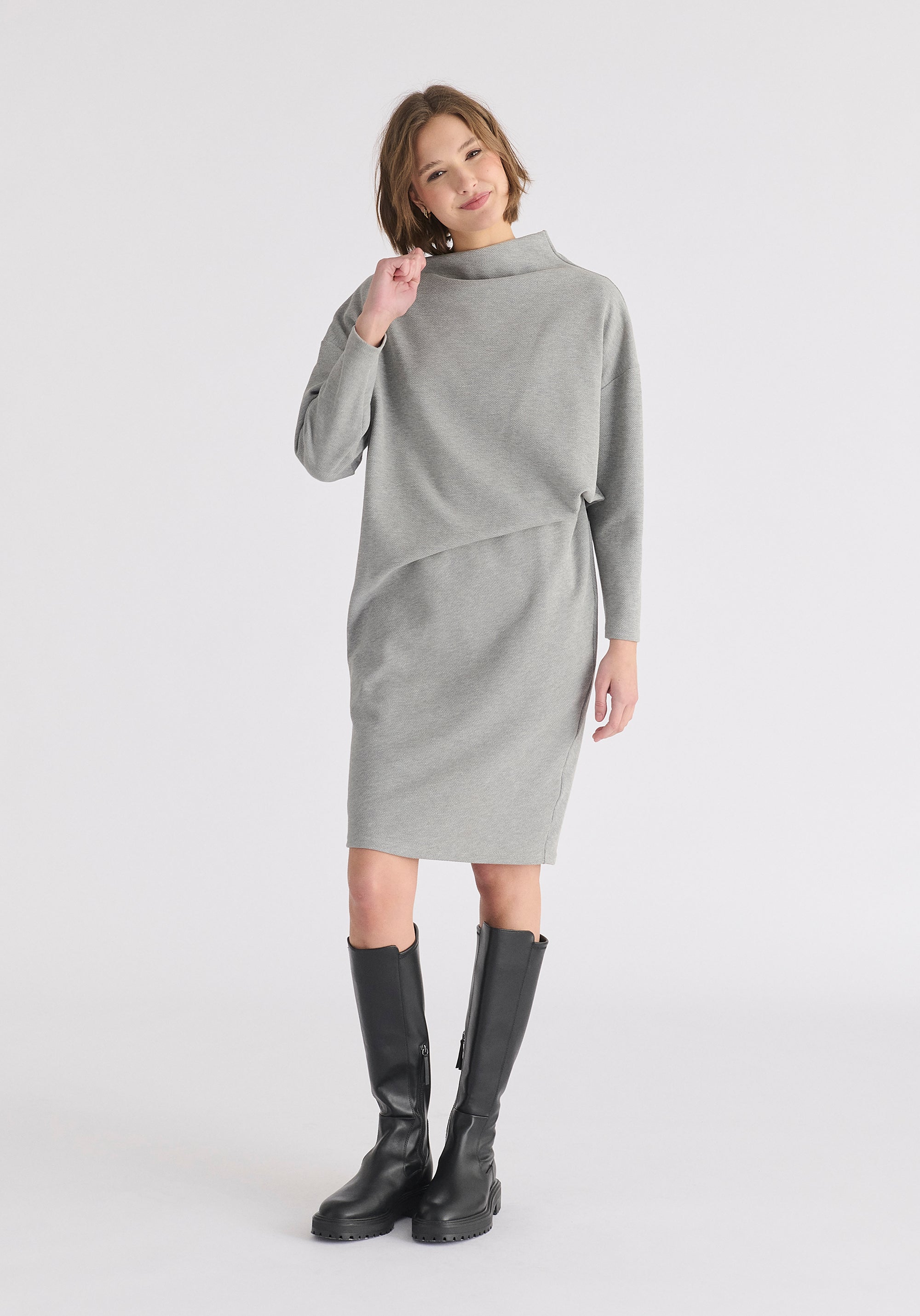 Asymmetric Neck Jumper Dress in Marl Grey Front