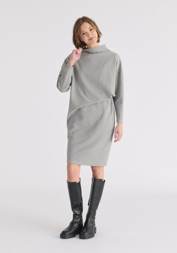 Asymmetric Neck Jumper Dress in Marl Grey Front