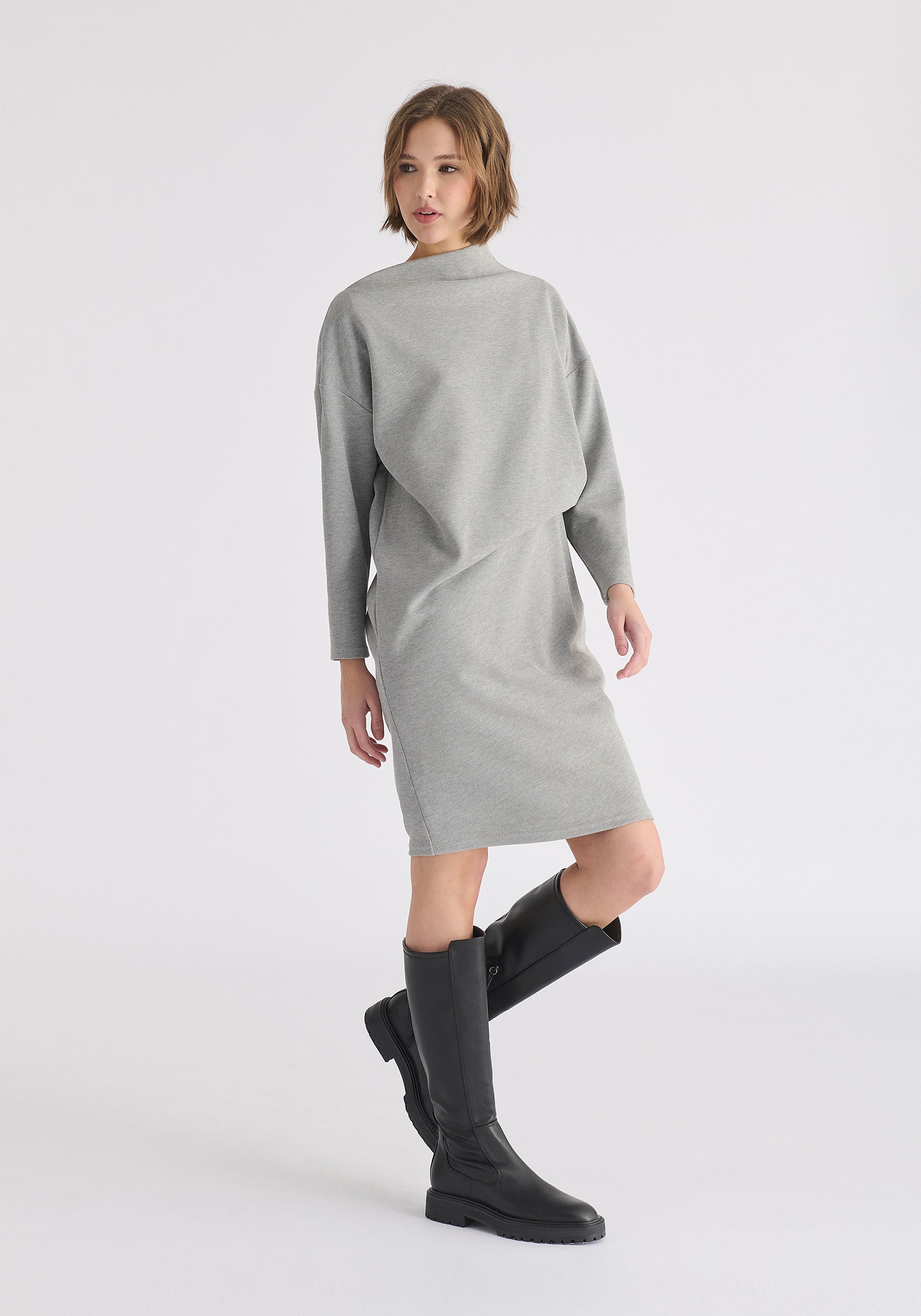 Asymmetric Neck Jumper Dress in Marl Grey Side