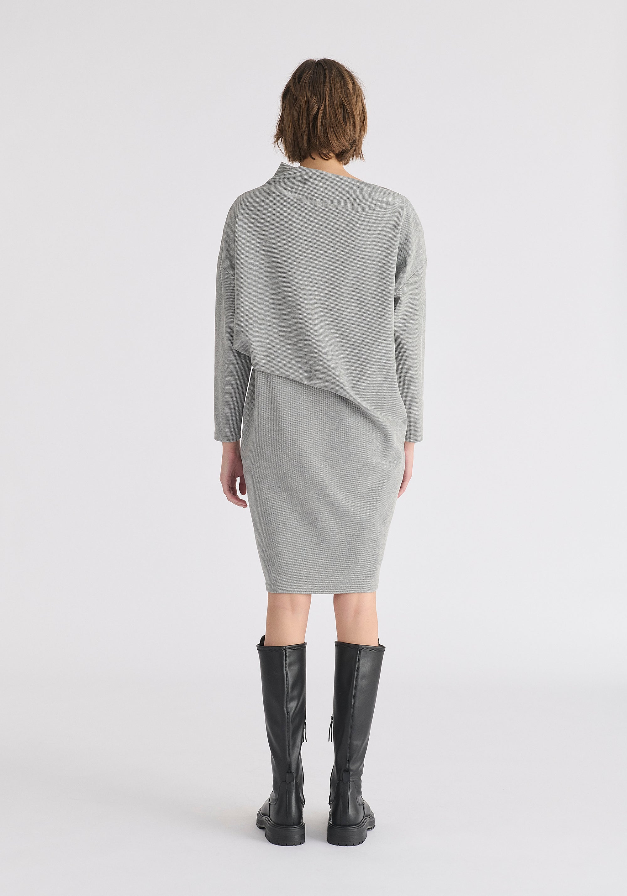 Asymmetric Neck Jumper Dress in Marl Grey Back
