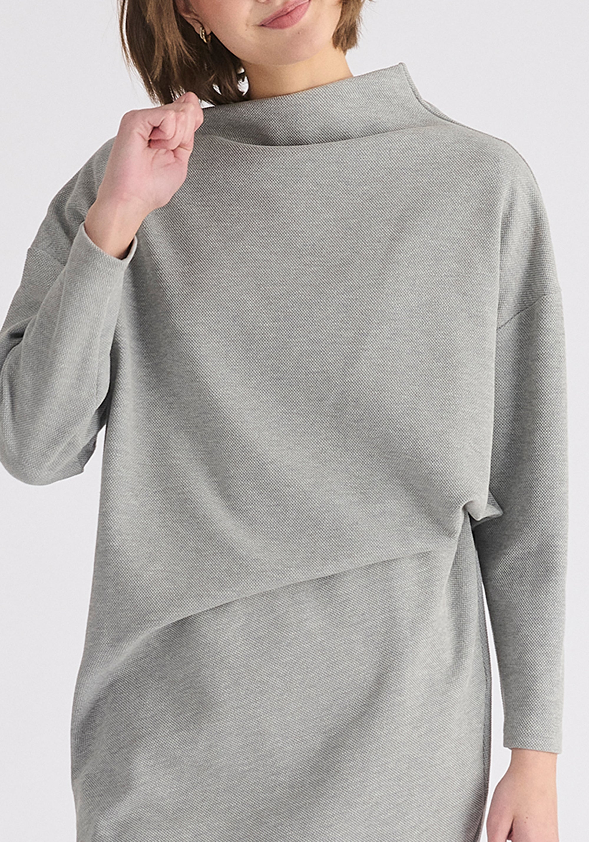 Asymmetric Neck Jumper Dress in Marl Grey Close Up