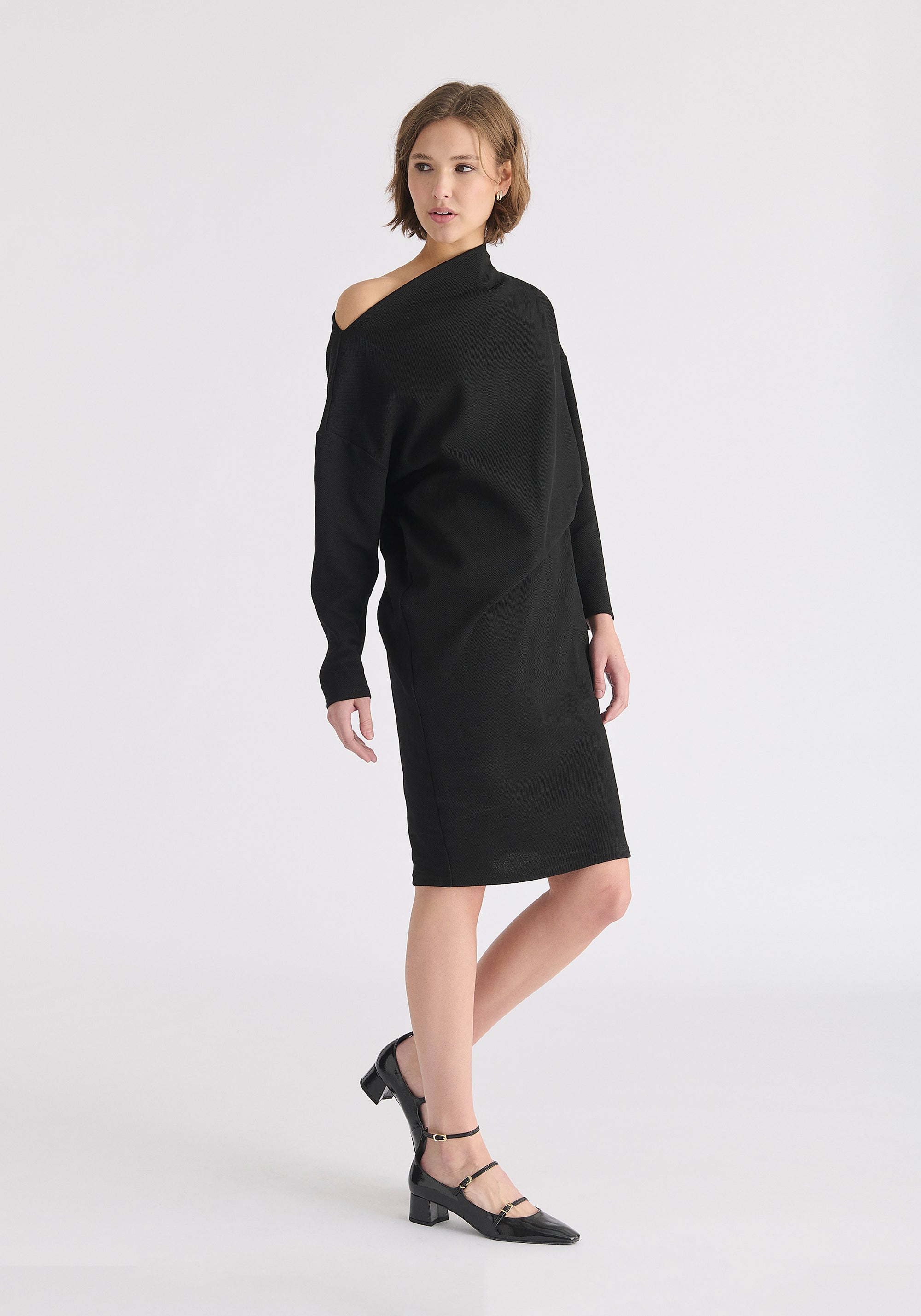 Asymmetric Neck Jumper Dress in Black Side
