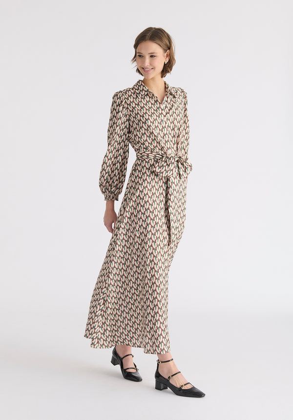 Geometric Print Maxi Shirt Dress in Brown, Beige and Green Front Side