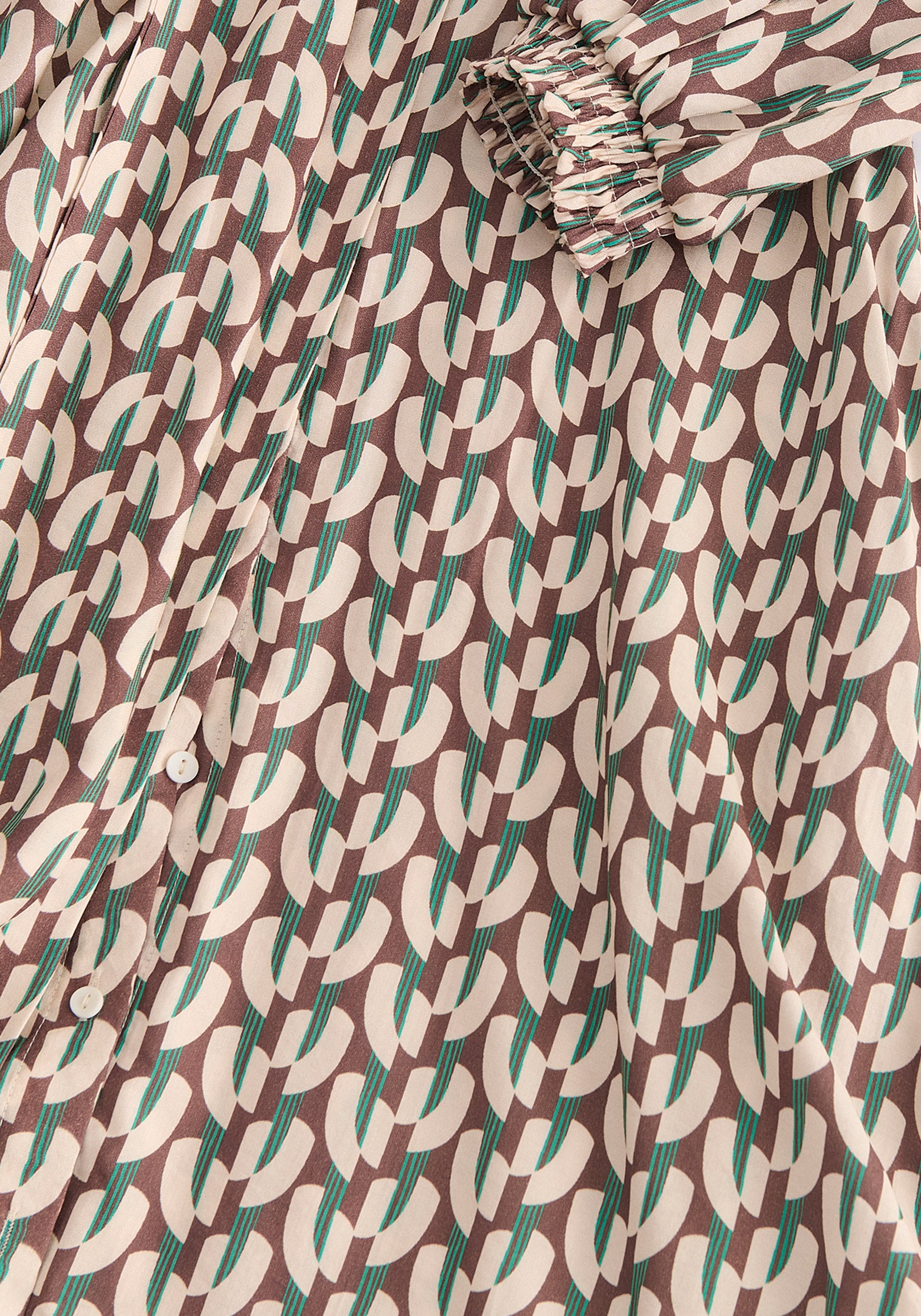 Geometric Print Maxi Shirt Dress in Brown, Beige and Green Front Close Up