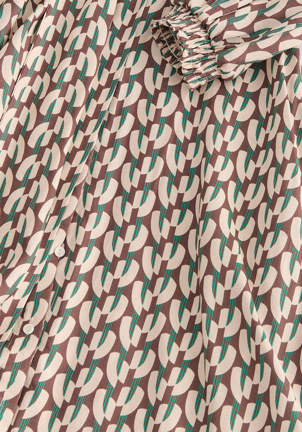 Geometric Print Maxi Shirt Dress in Brown, Beige and Green Front Close Up