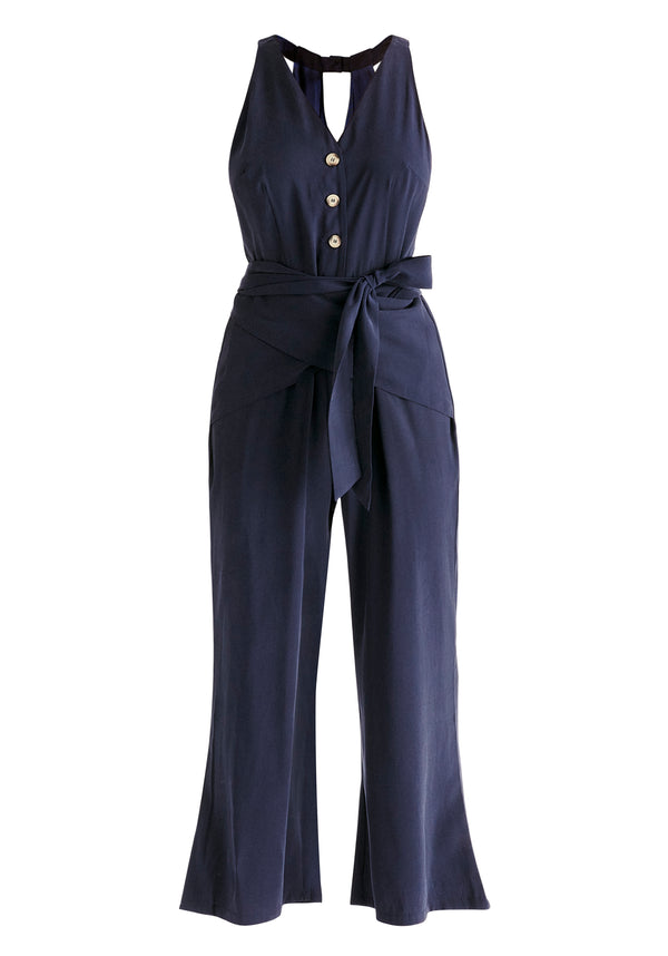 Waist Tie Jumpsuit in Navy Cut Out