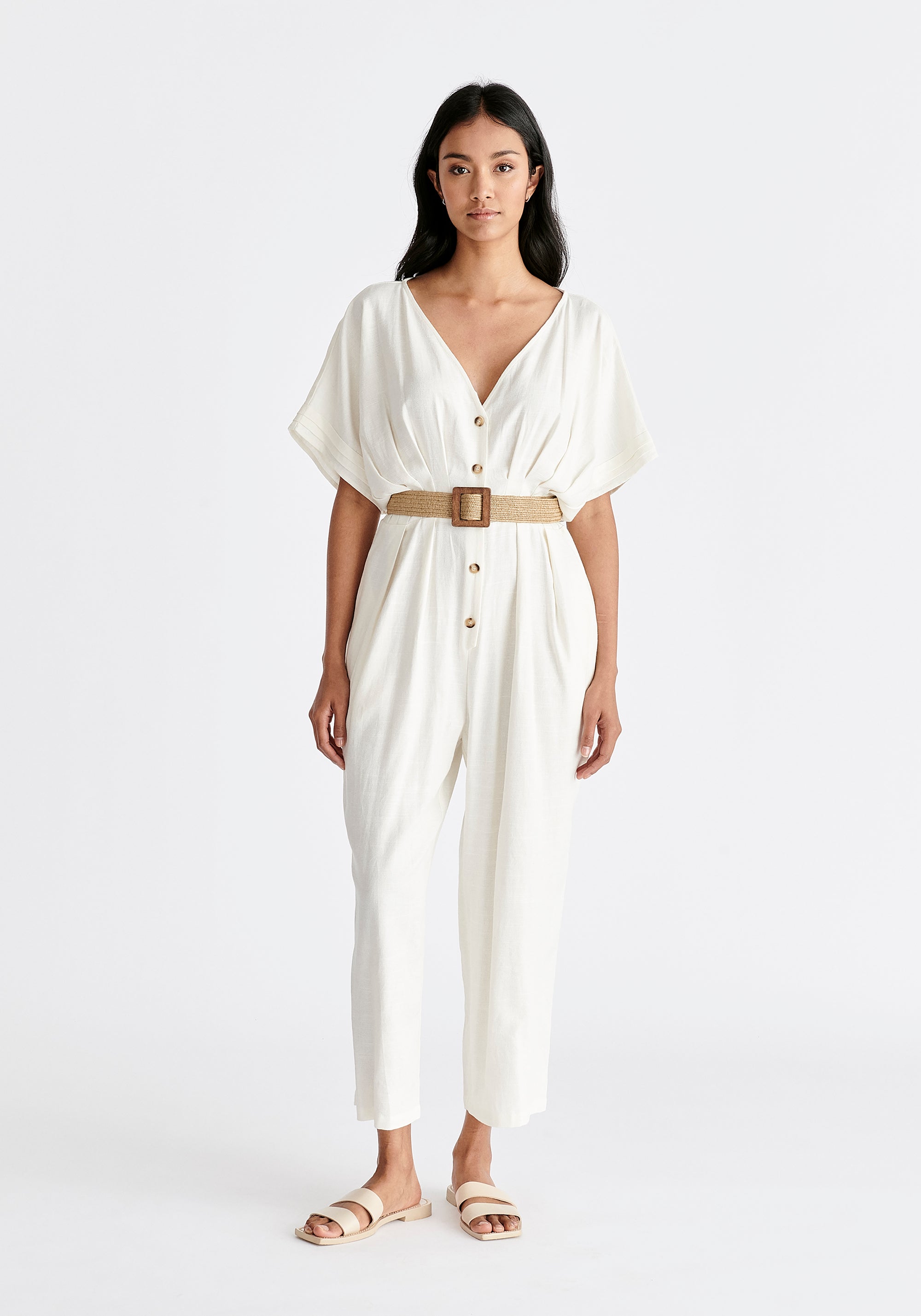 Linen Blend Button Jumpsuit in White